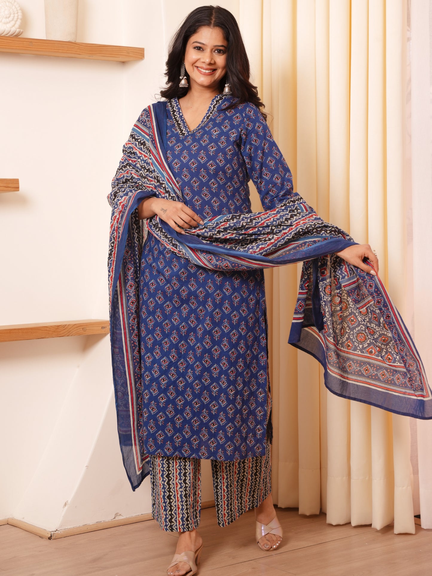 Cotton Voile Geometric Blue Dupatta