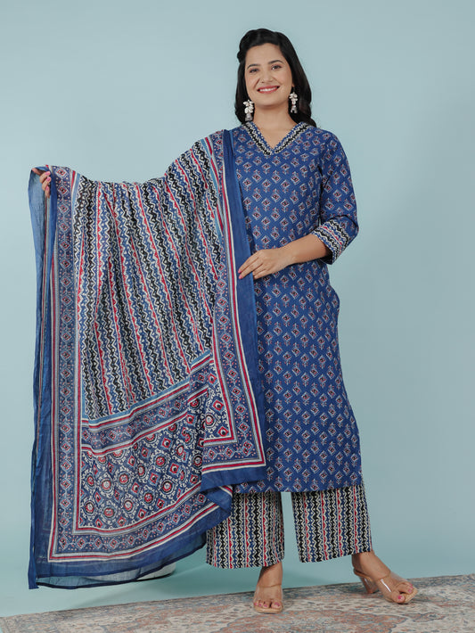 Cotton Voile Geometric Blue Dupatta