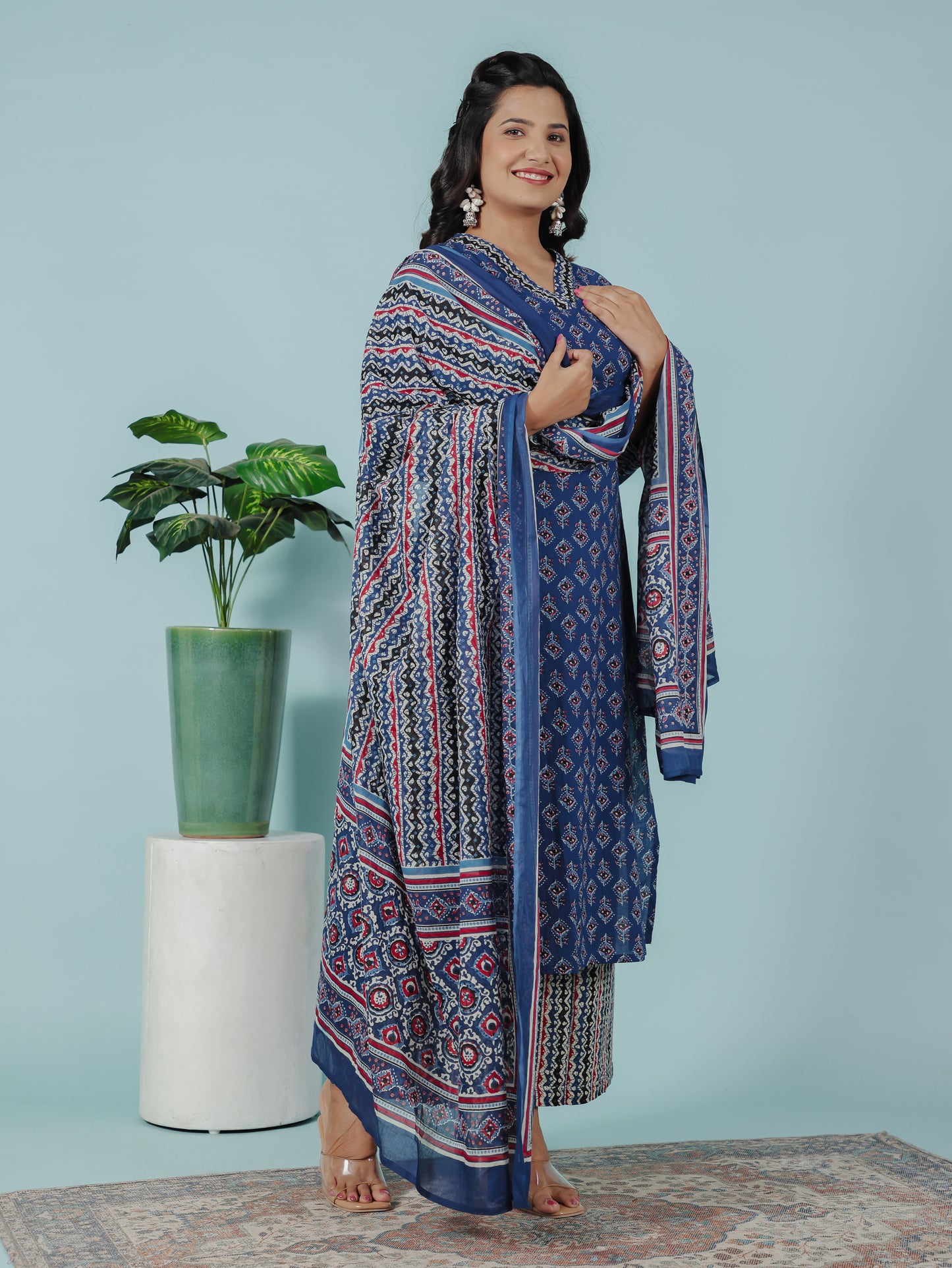 Cotton Voile Geometric Blue Dupatta