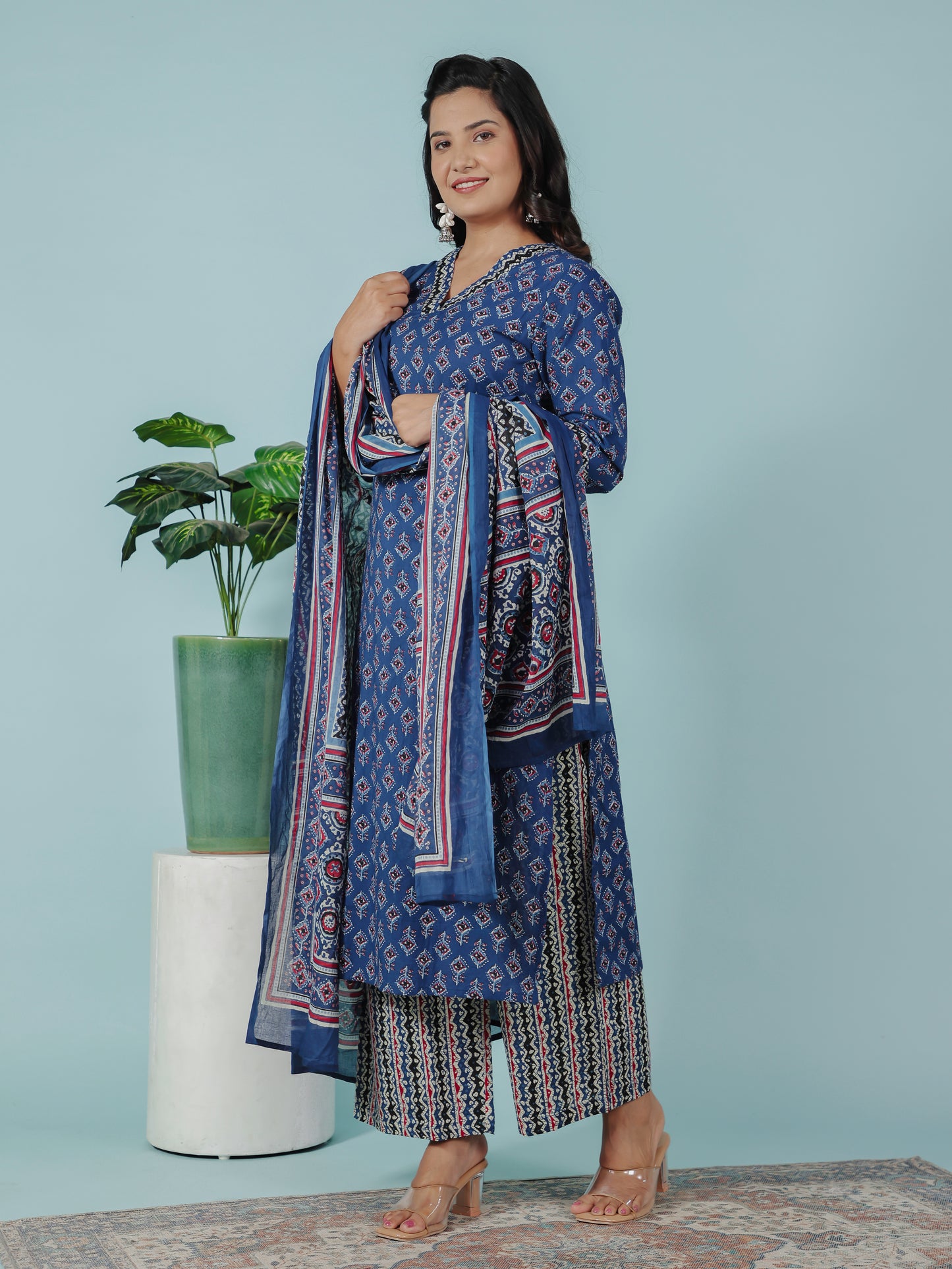Cotton Voile Geometric Blue Dupatta