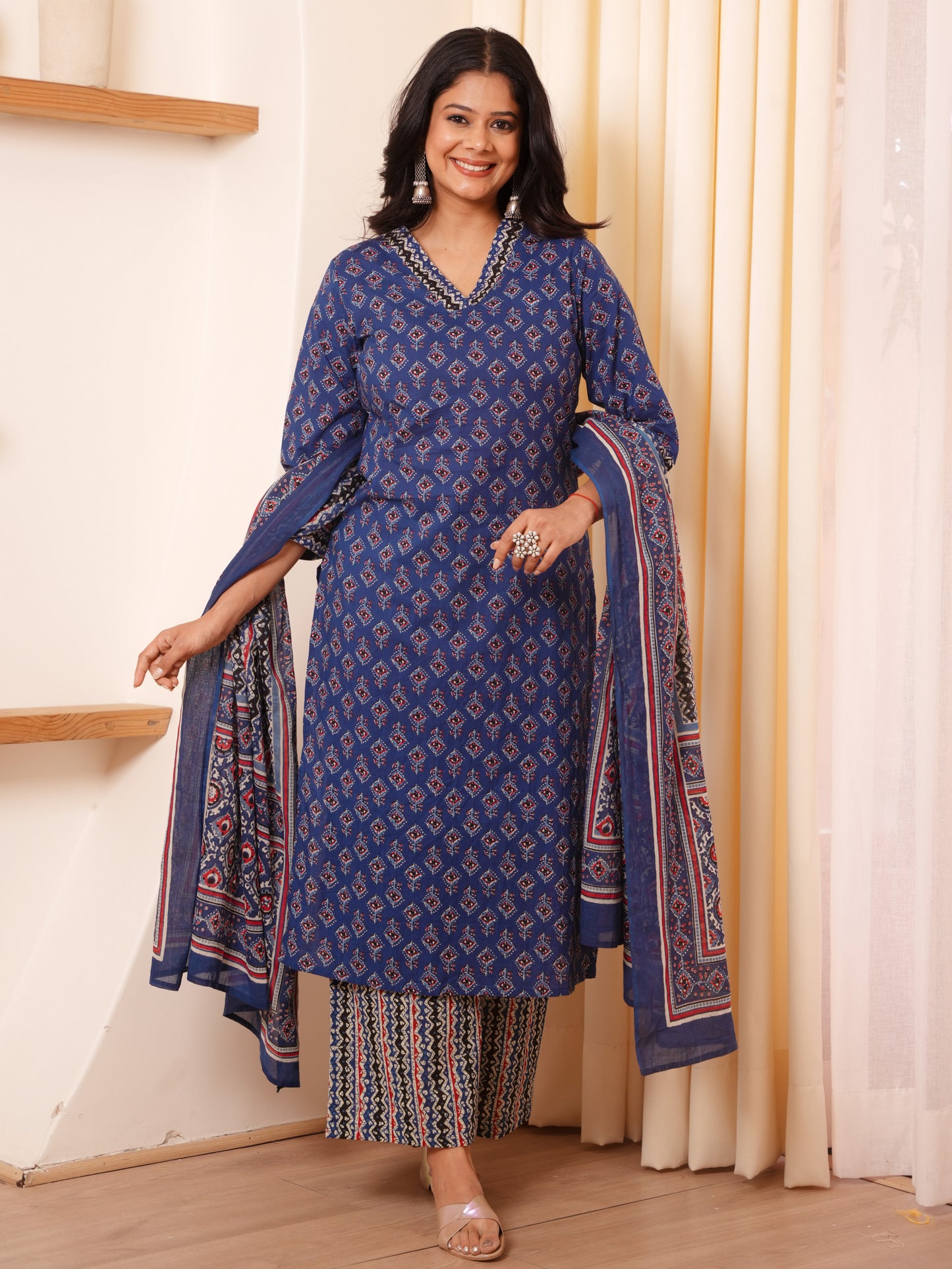 Cotton Voile Geometric Blue Dupatta