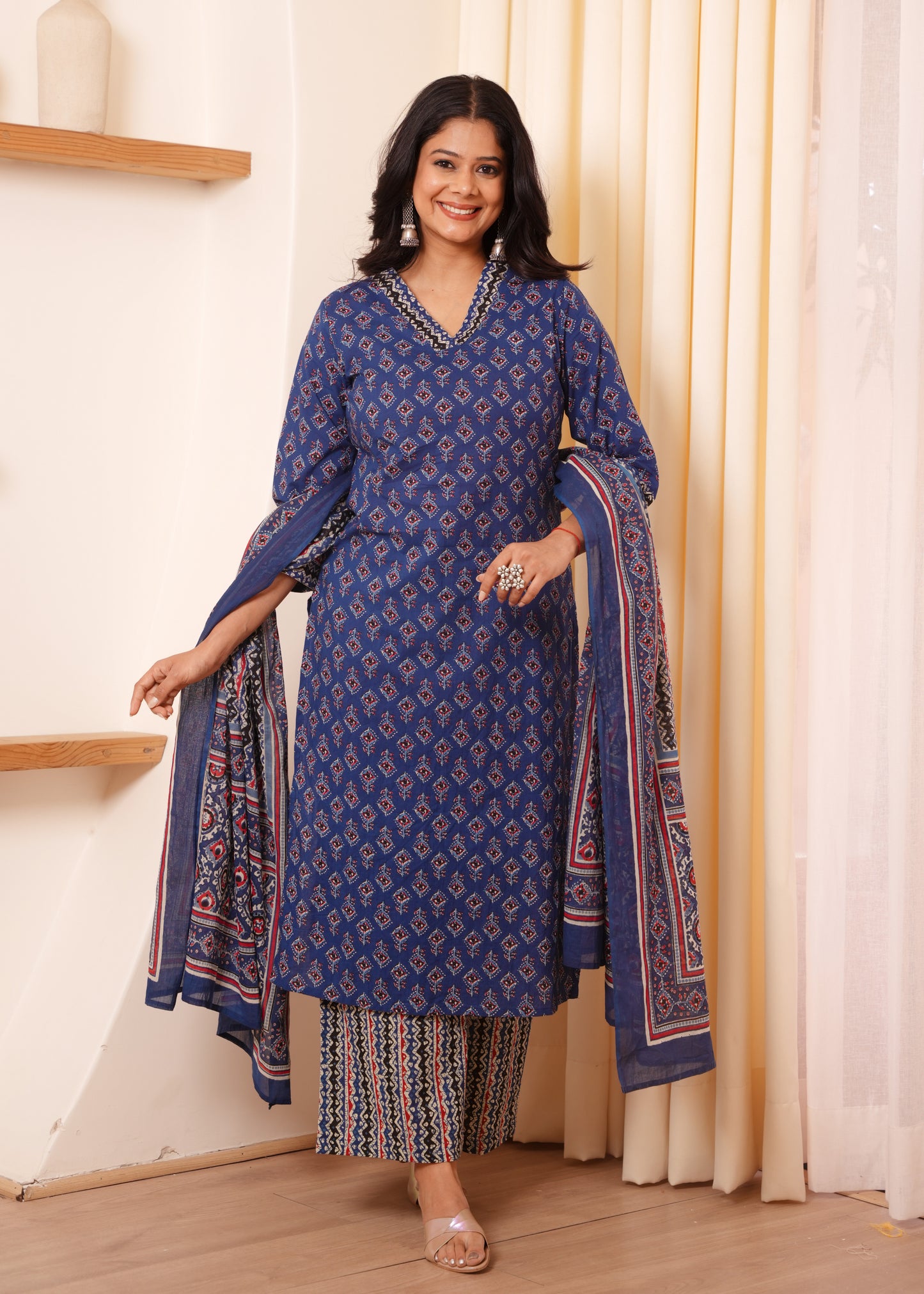 Soft Cotton Geometric A-line Indigo blue Kurta