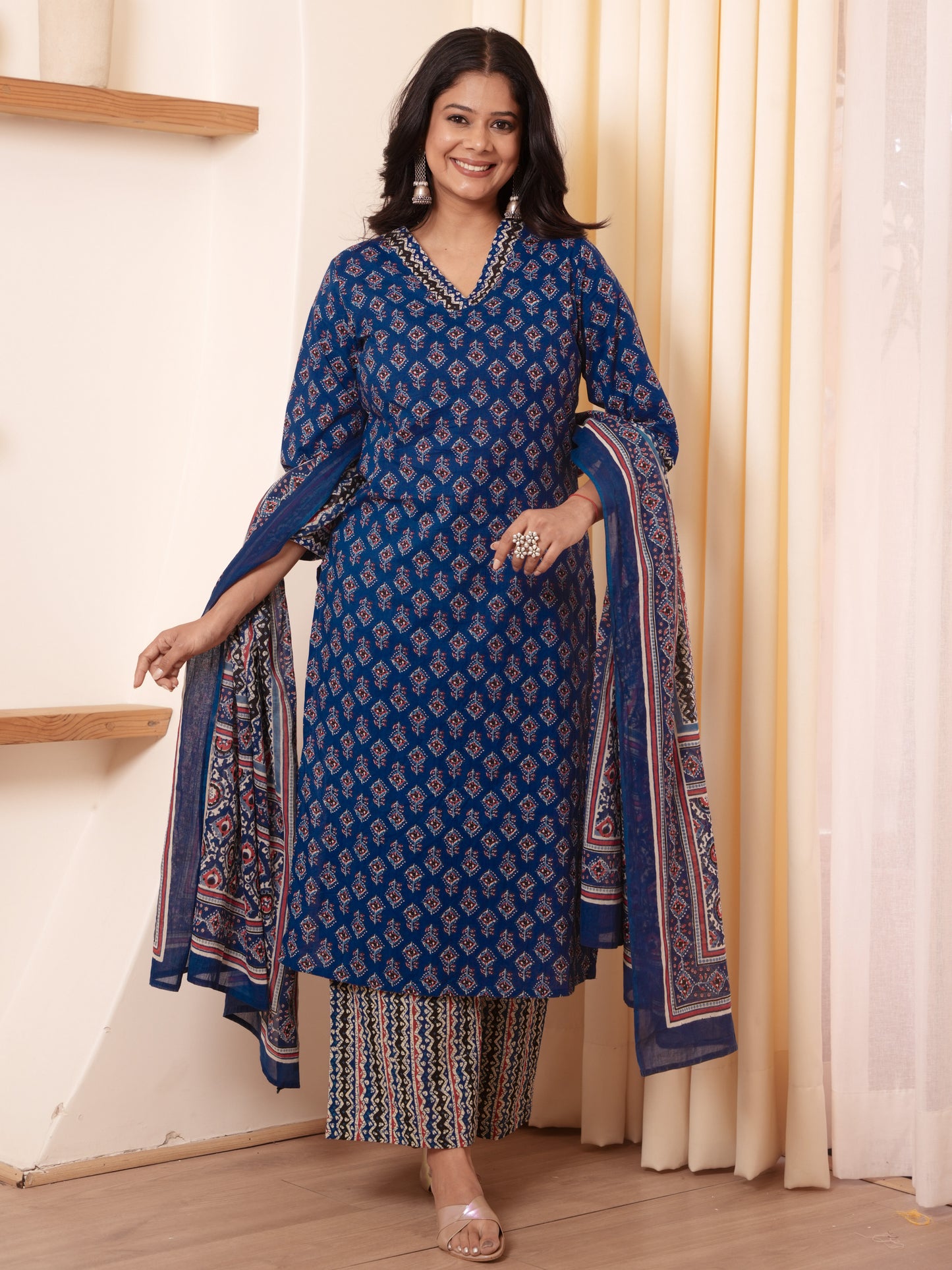 Soft Cotton Geometric A-line Indigo blue Kurta