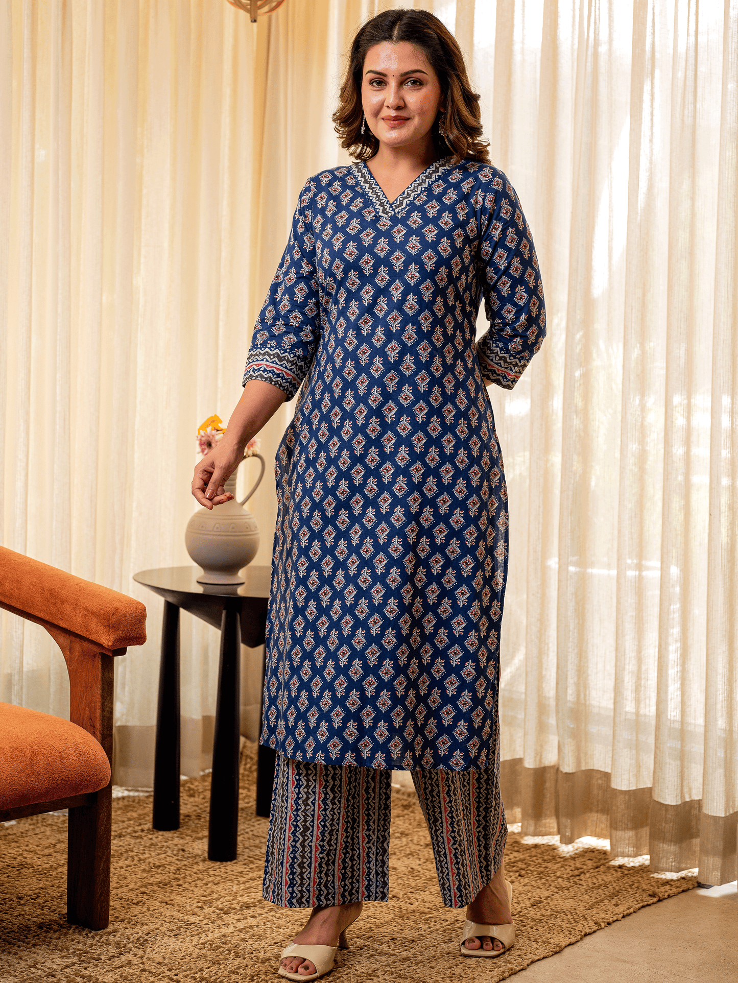 Soft Cotton Geometric A-line Indigo blue Kurta
