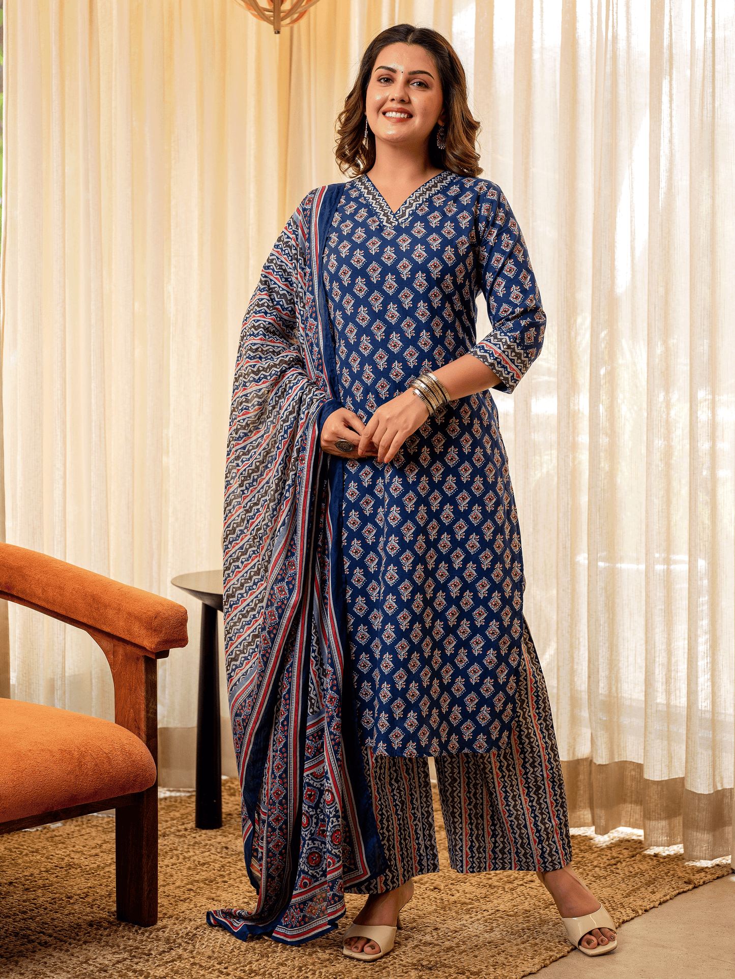 Soft Cotton Geometric A-line Indigo blue Kurta