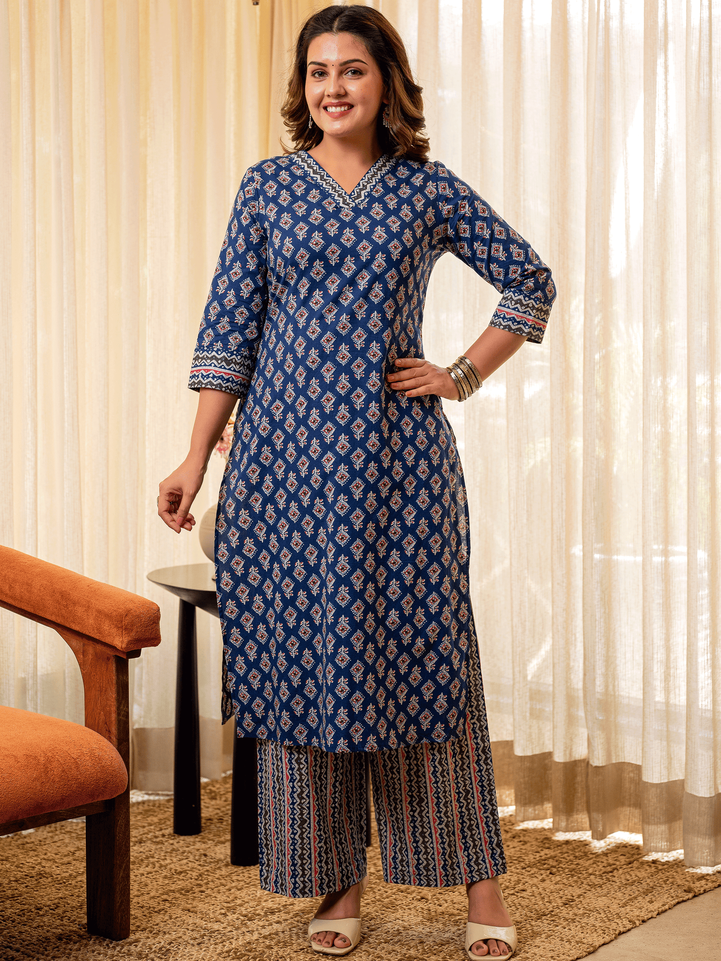 Soft Cotton Geometric A-line Indigo blue Kurta