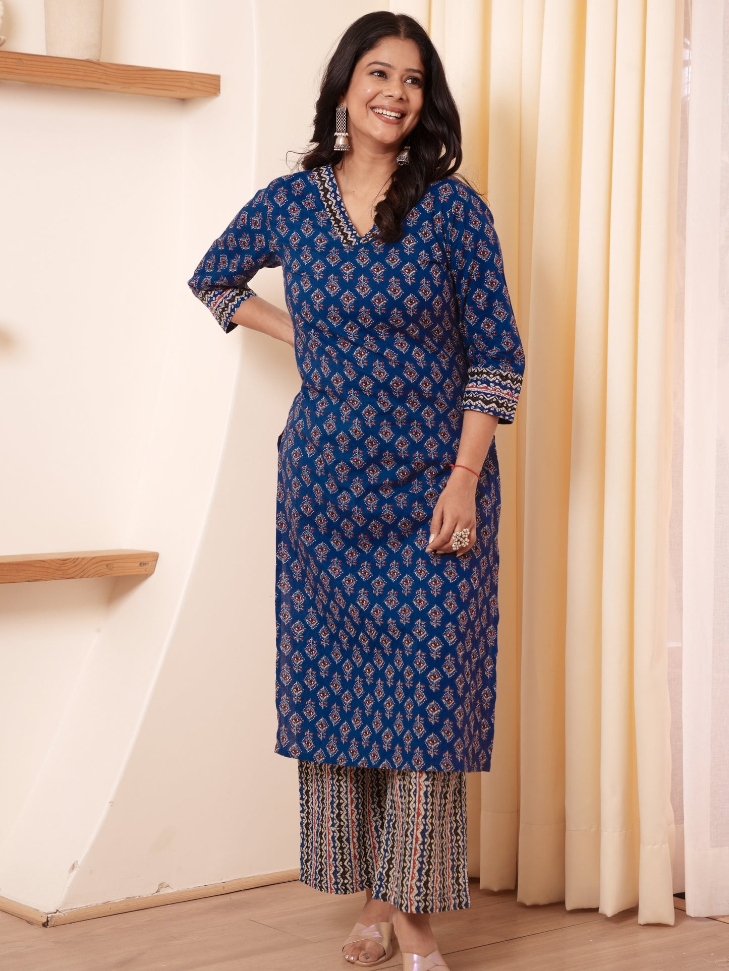Soft Cotton Geometric A-line Indigo blue Kurta