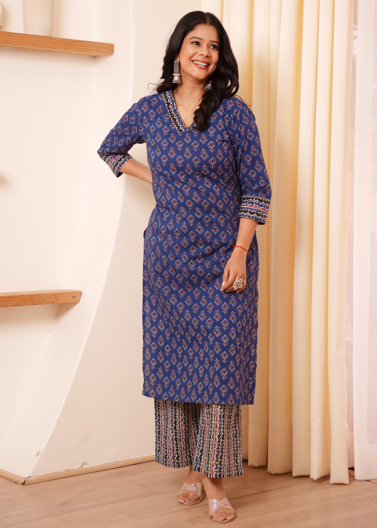 Soft Cotton Geometric A-line Indigo blue Kurta