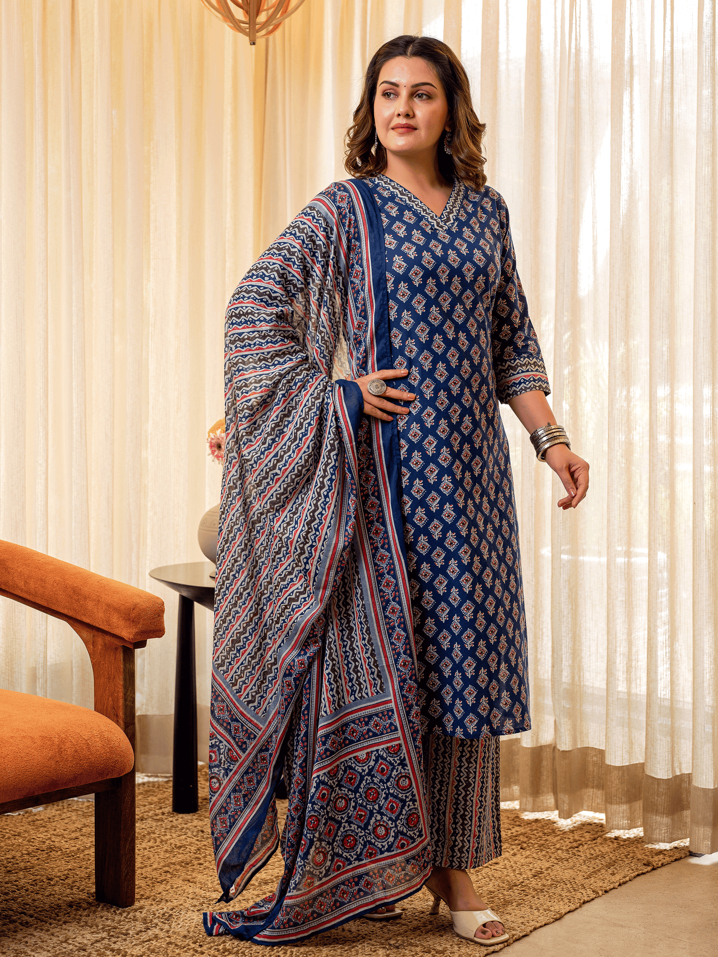 Soft Cotton Geometric A-line Indigo blue Kurta
