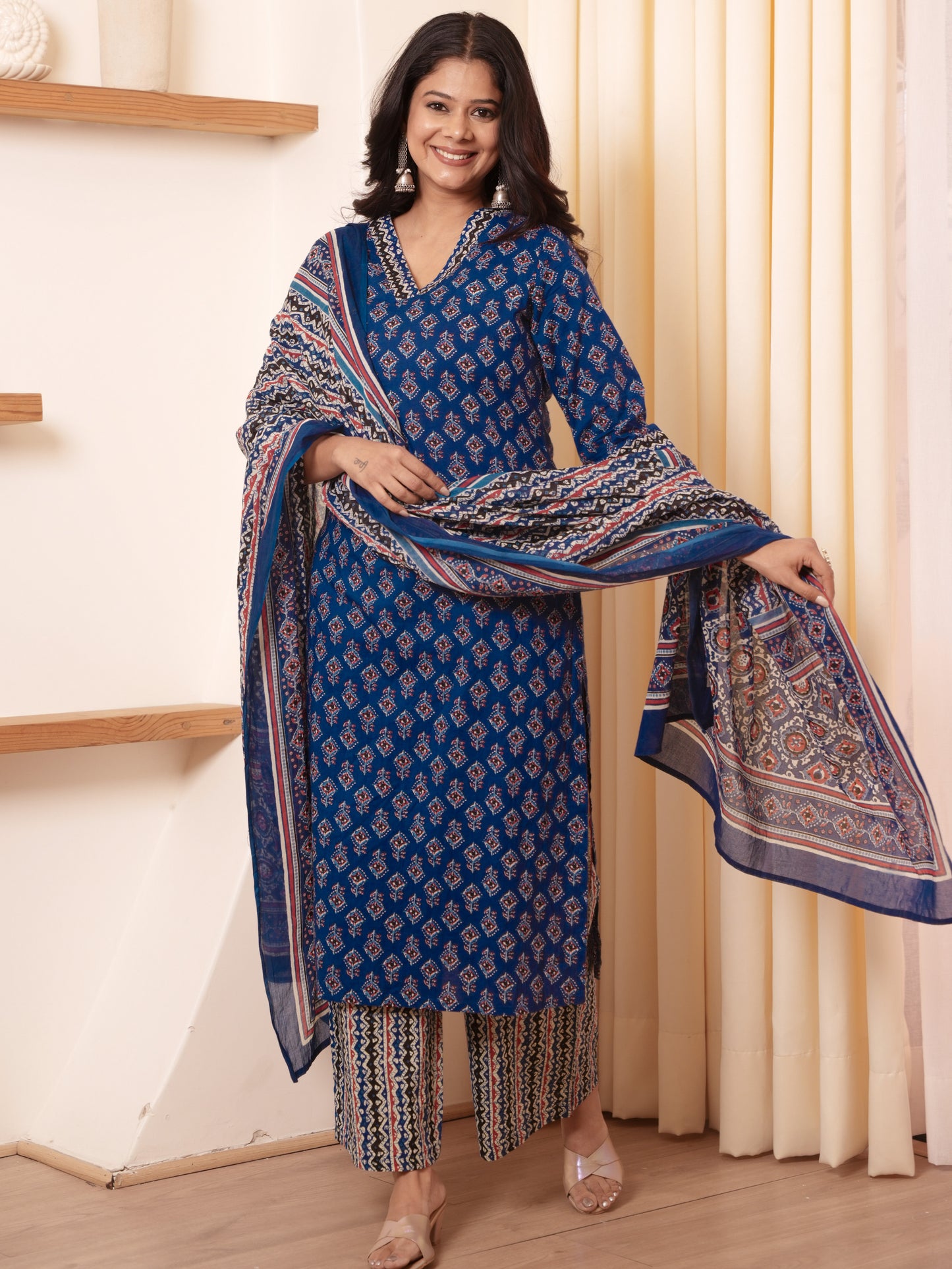 Soft Cotton Geometric A-line Indigo blue Kurta