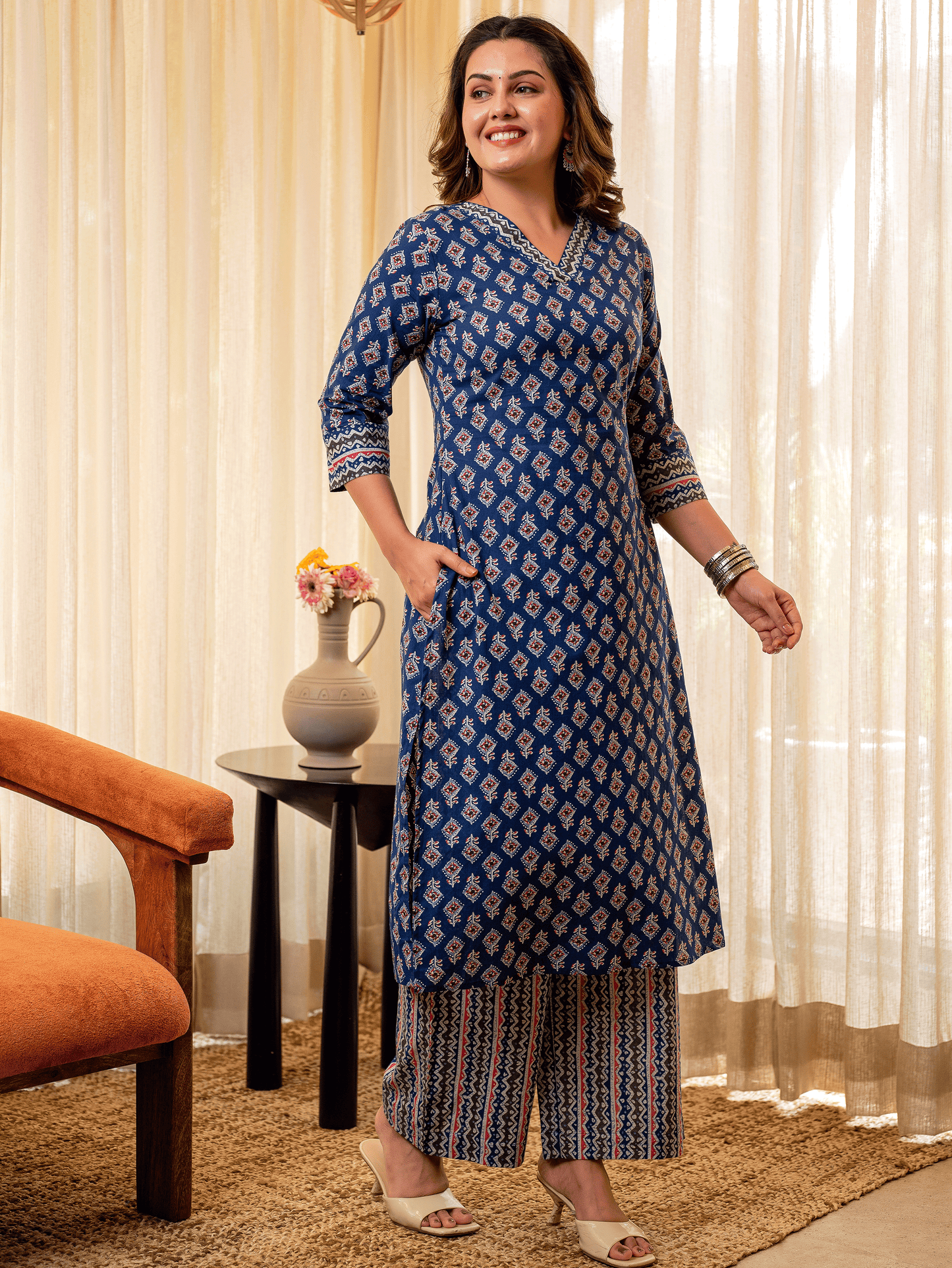 Soft Cotton Geometric A-line Indigo blue Kurta