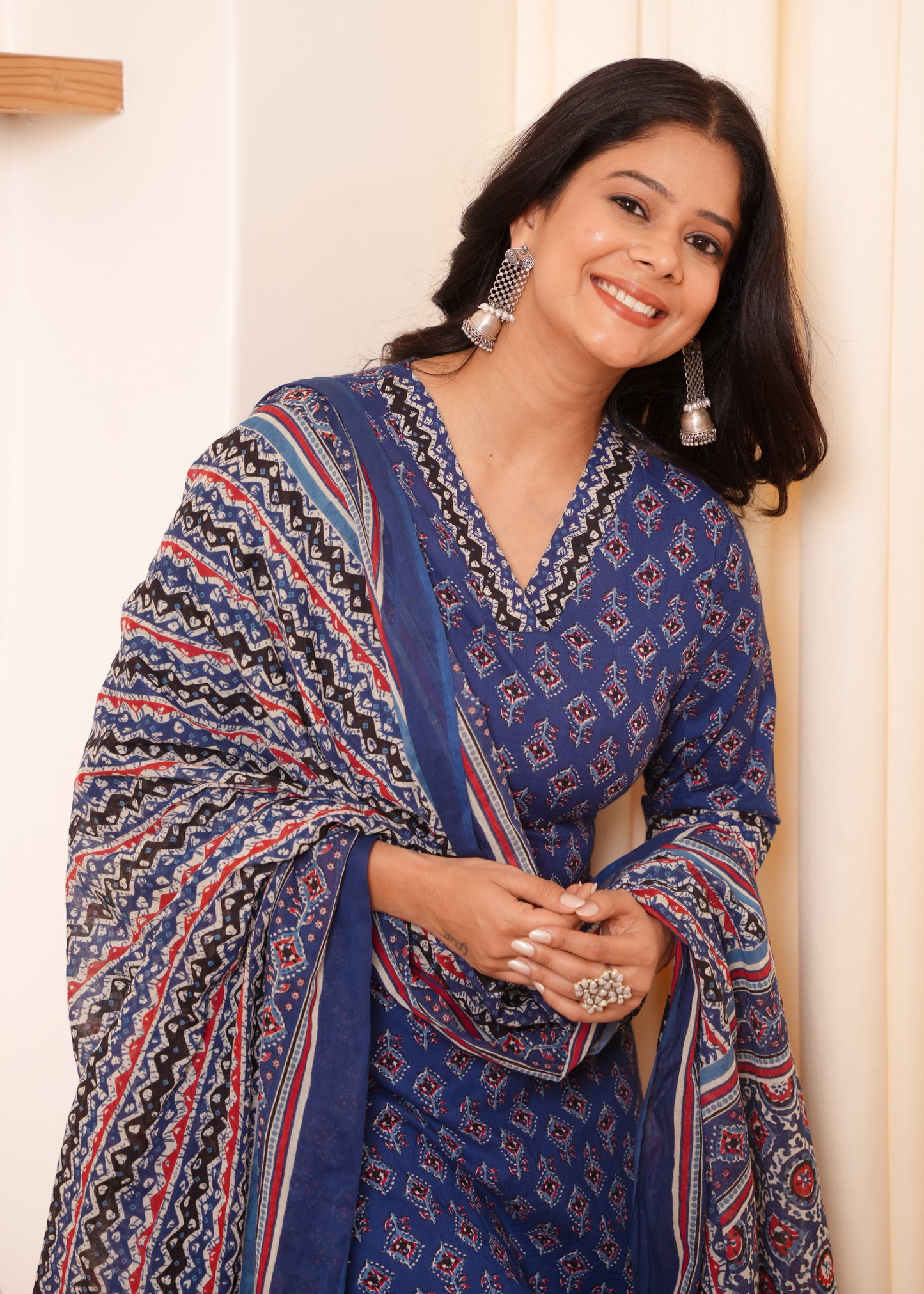 Soft Cotton Geometric A-line Indigo blue Kurta