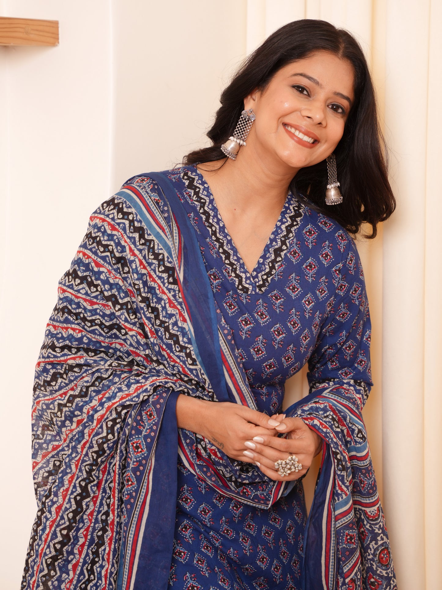 Soft Cotton Geometric Straight Blue Kurta