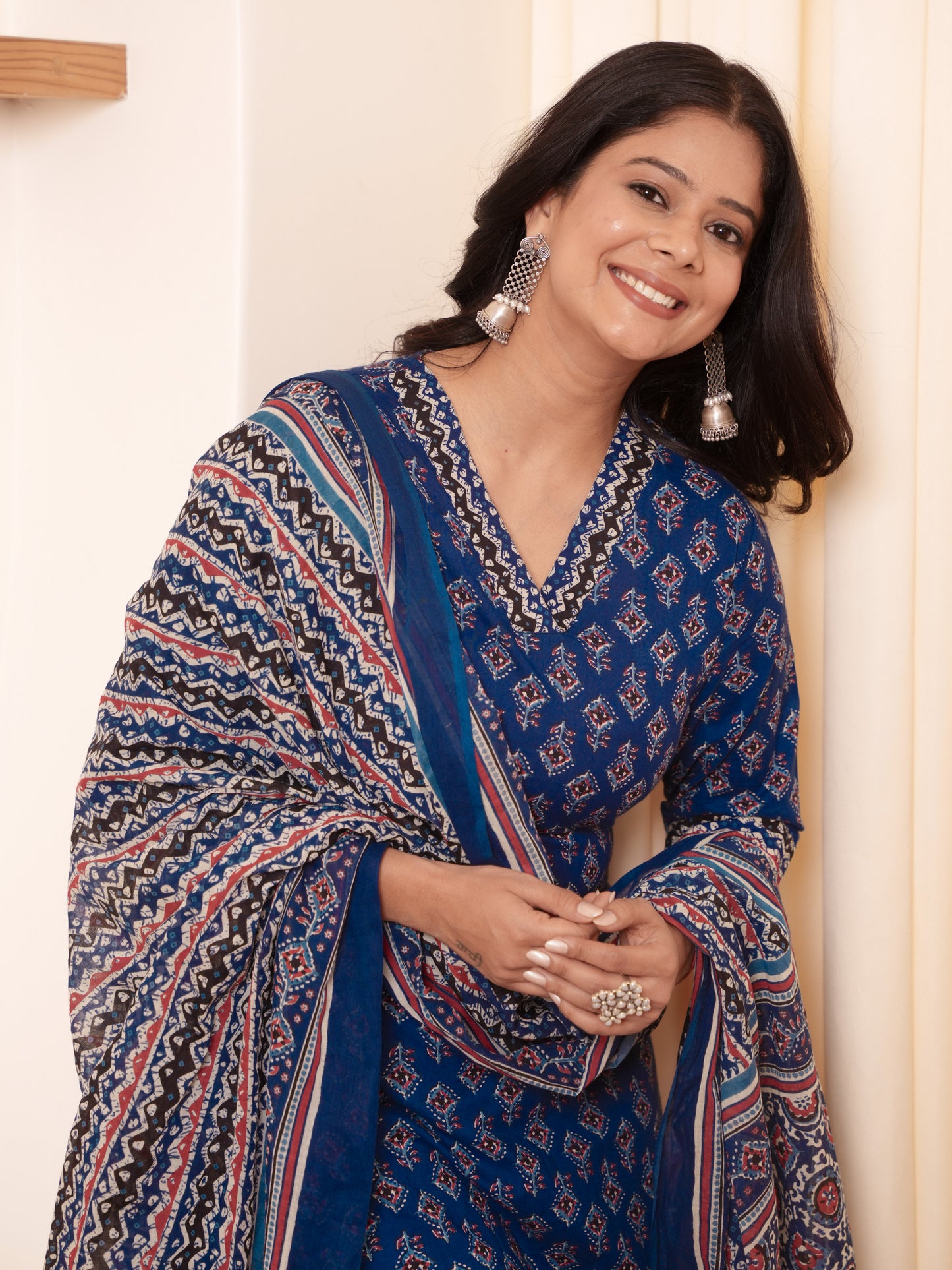 Soft Cotton Geometric A-line Indigo blue Kurta