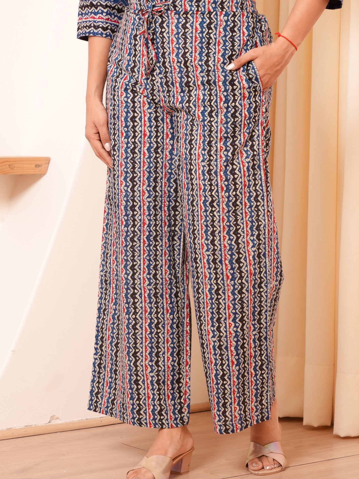 Soft Cotton Chevron Blue Flared Trousers