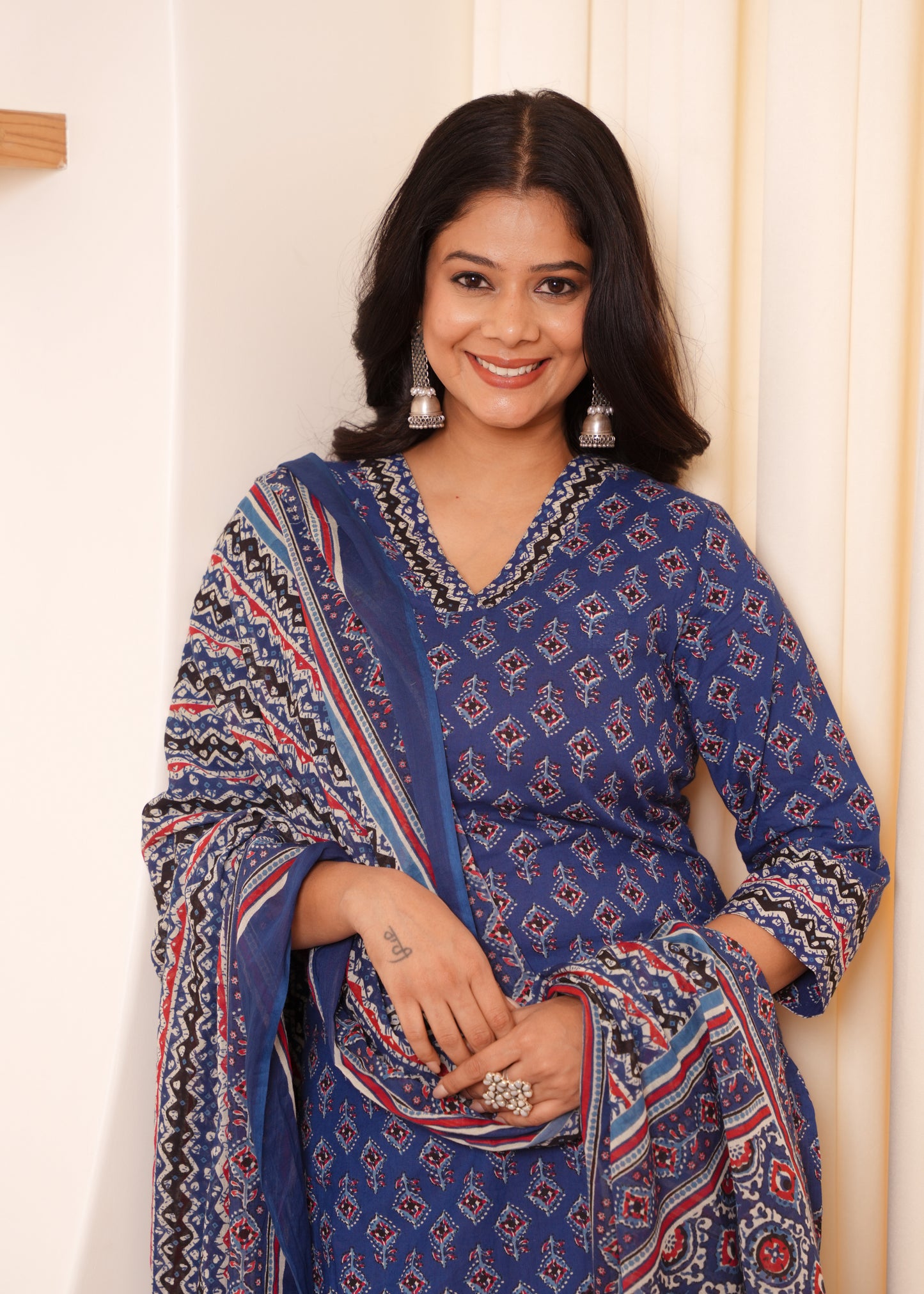Soft Cotton Geometric A-line Indigo blue Kurta
