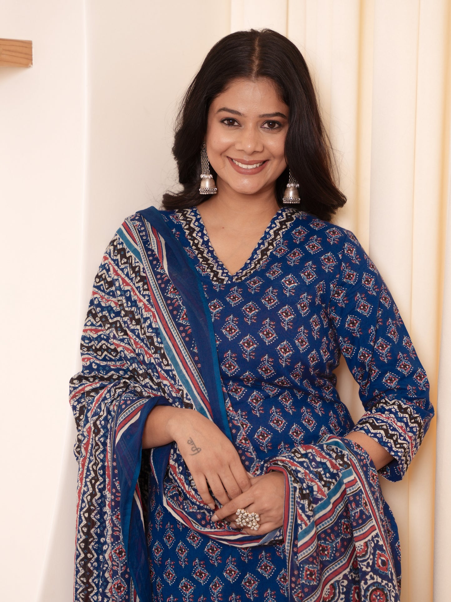 Soft Cotton Geometric A-line Indigo blue Kurta