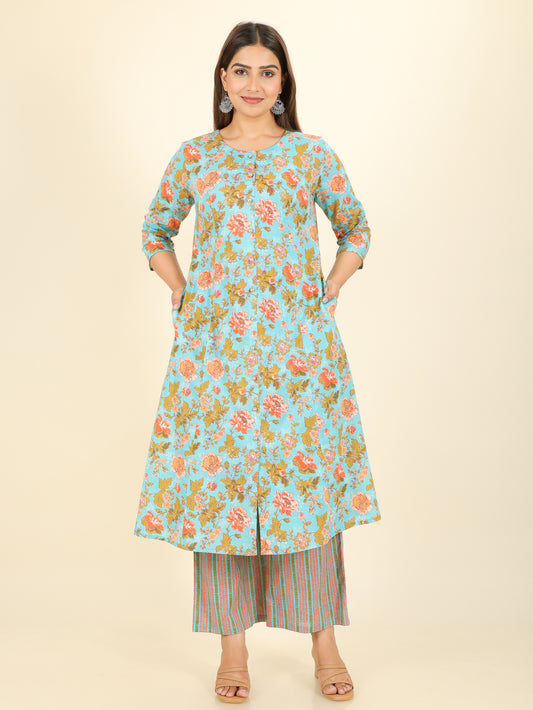 Soft Cotton Floral A-line Blue Kurta