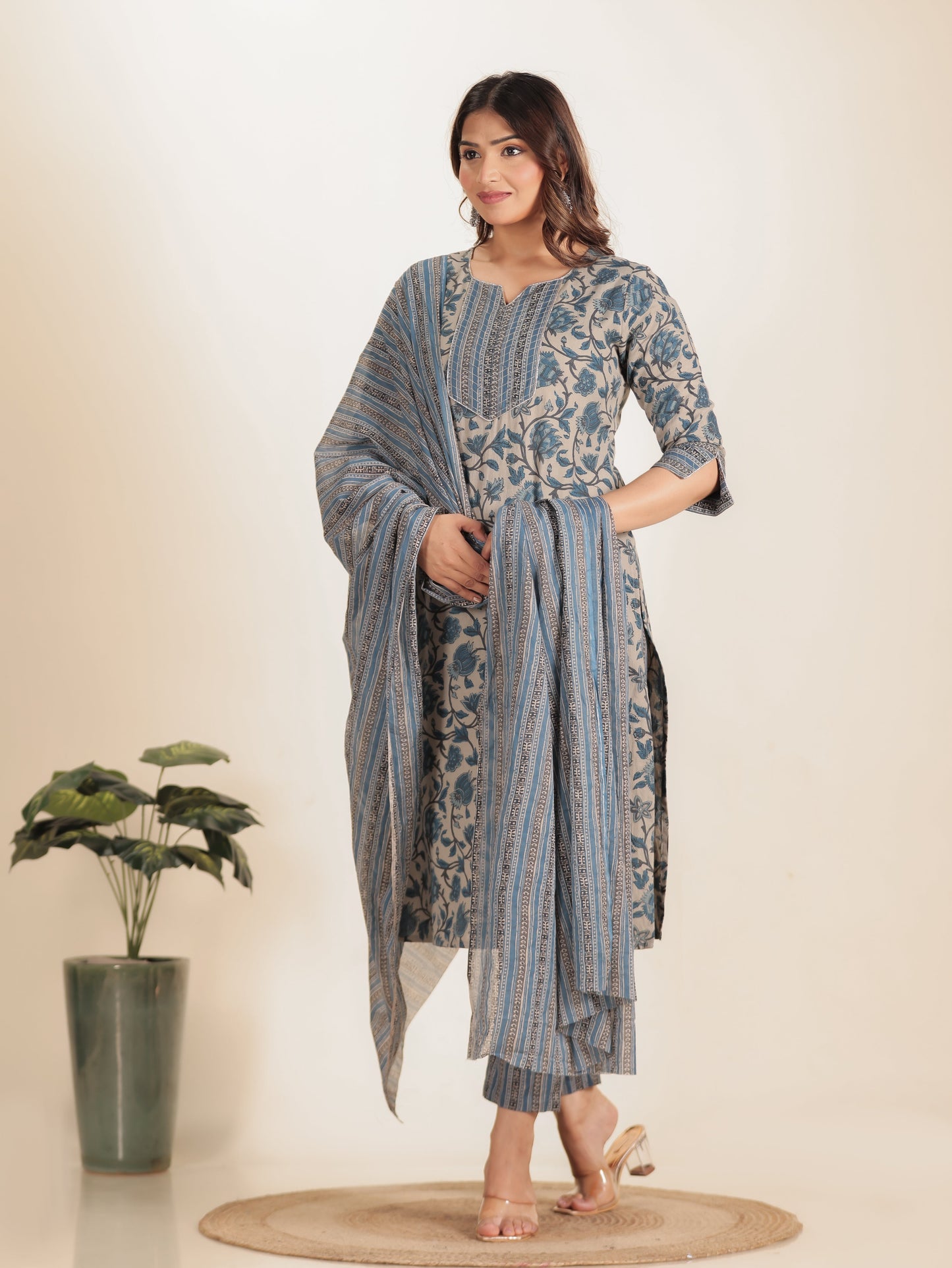 Linen Cotton Floral Straight Grey Kurta