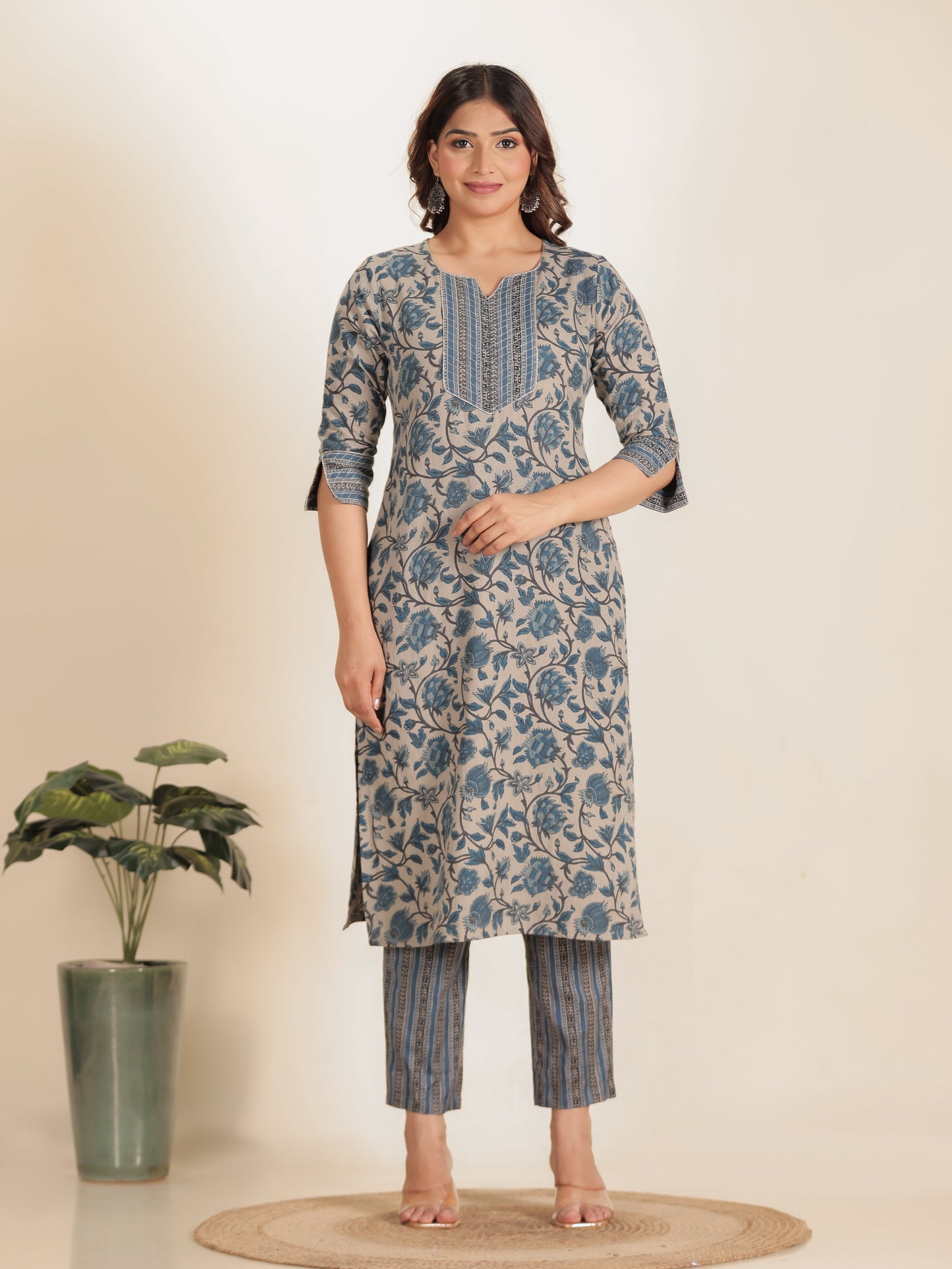 Linen Cotton Floral Straight Grey Kurta