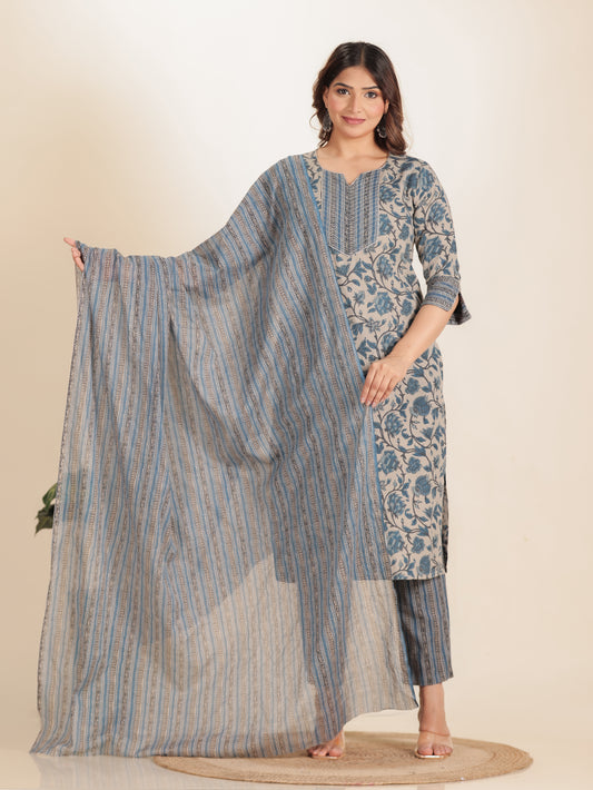 Linen Cotton Floral Kurta