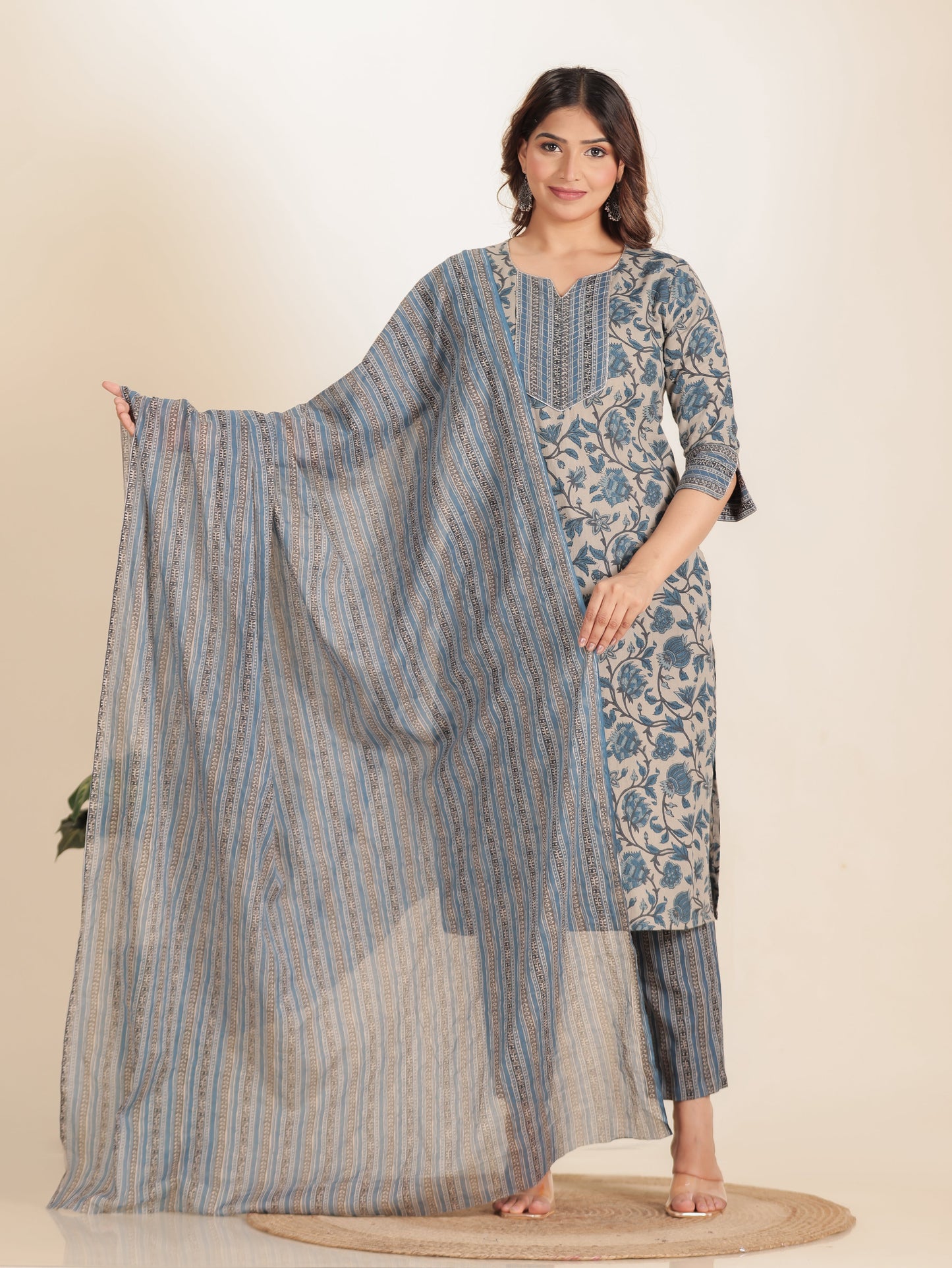Linen Cotton Floral Straight Grey Kurta