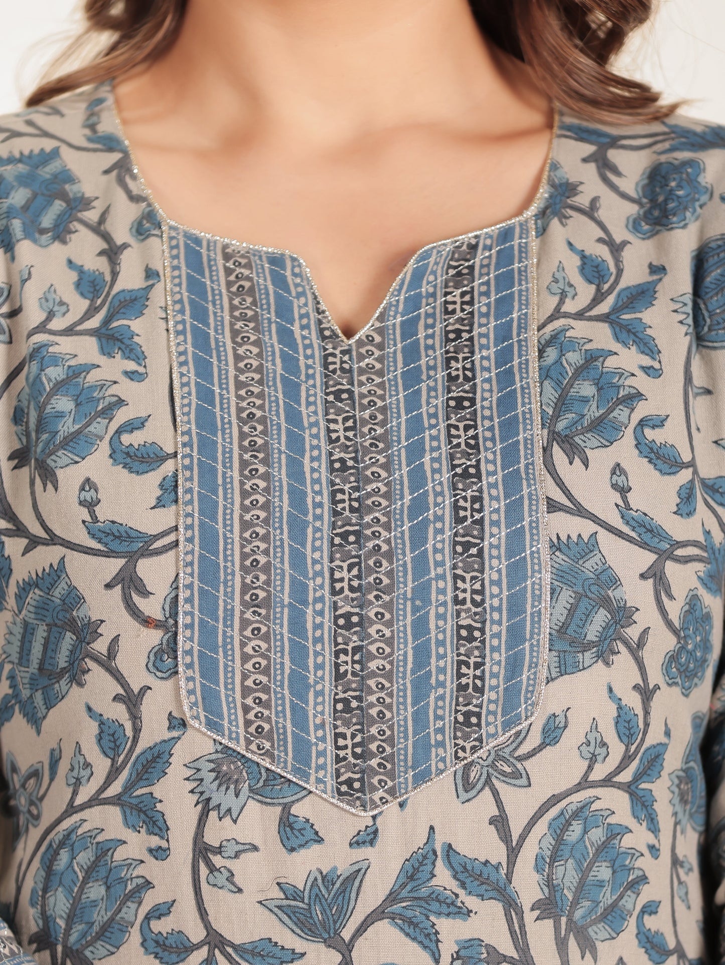 Linen Cotton Floral Straight Grey Kurta