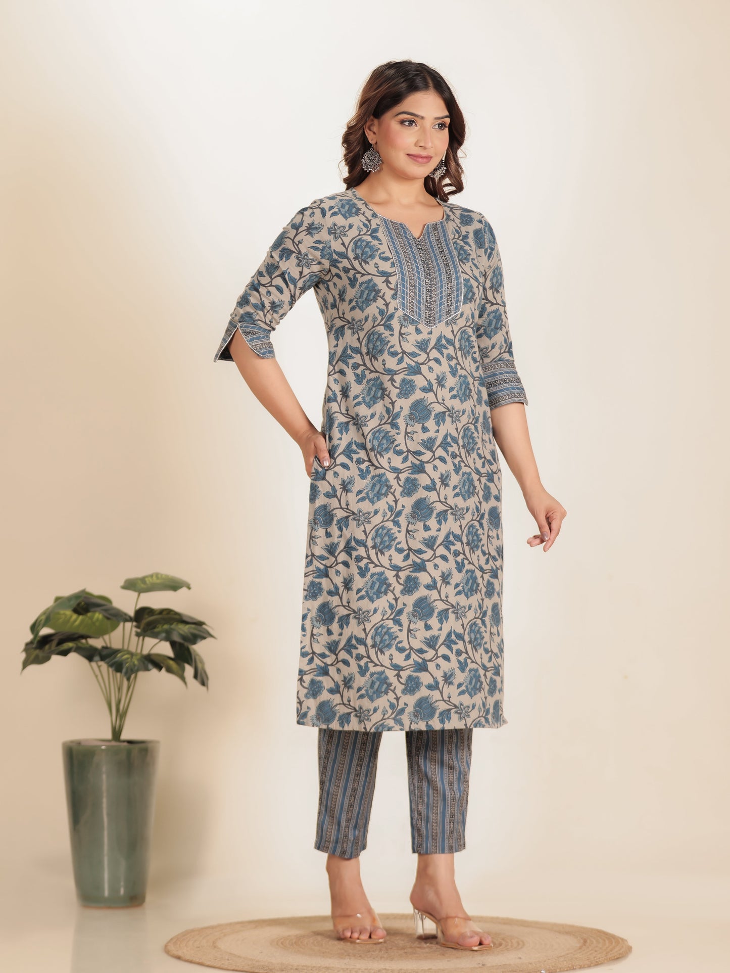 Linen Cotton Floral Straight Grey Kurta