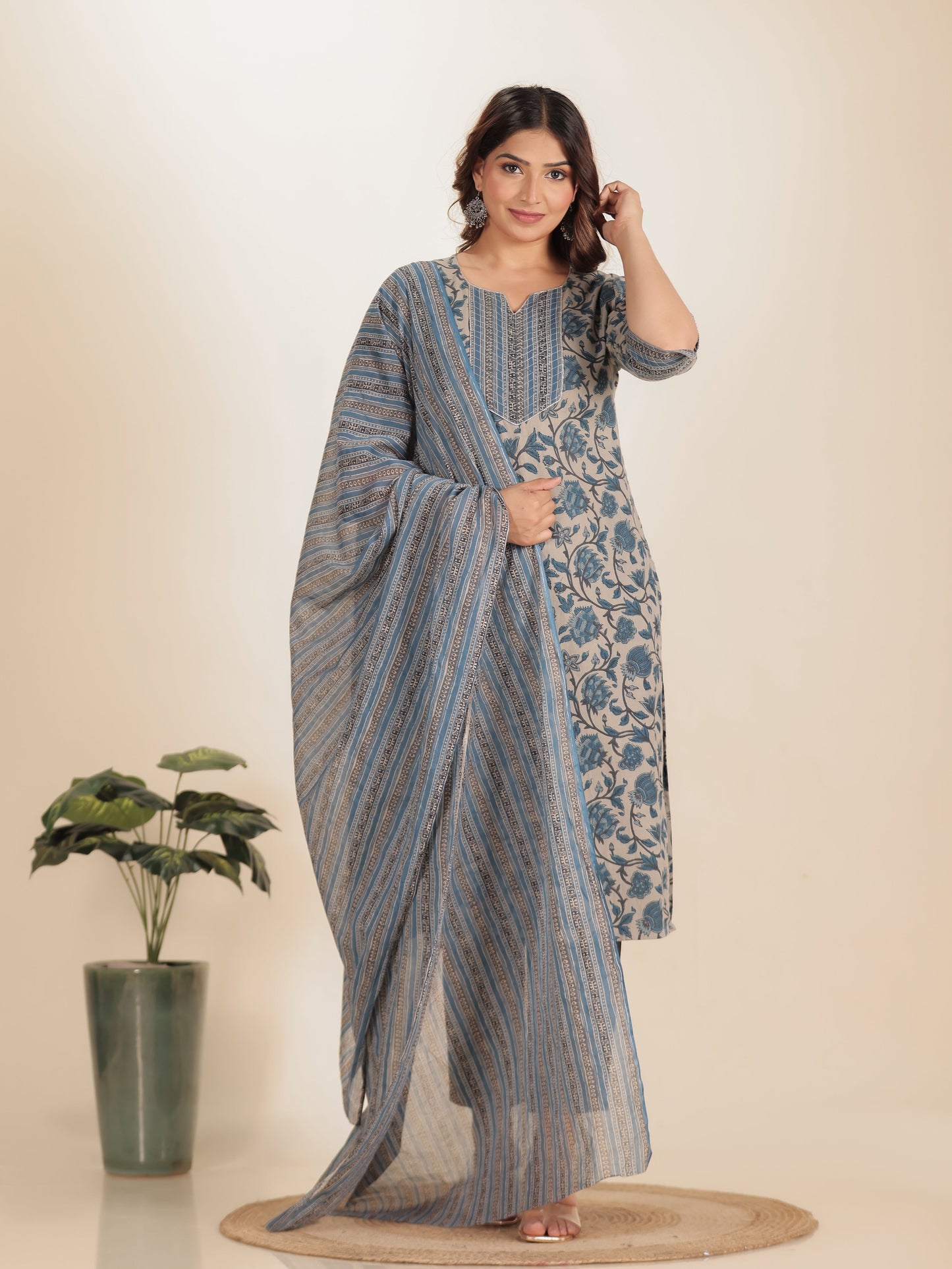 Linen Cotton Floral Straight Grey Kurta