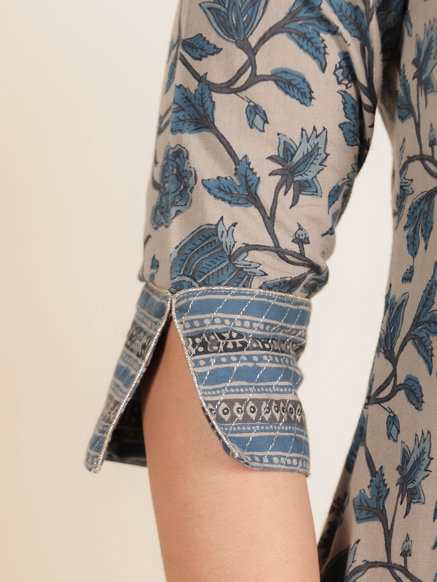 Linen Cotton Floral Straight Grey Kurta