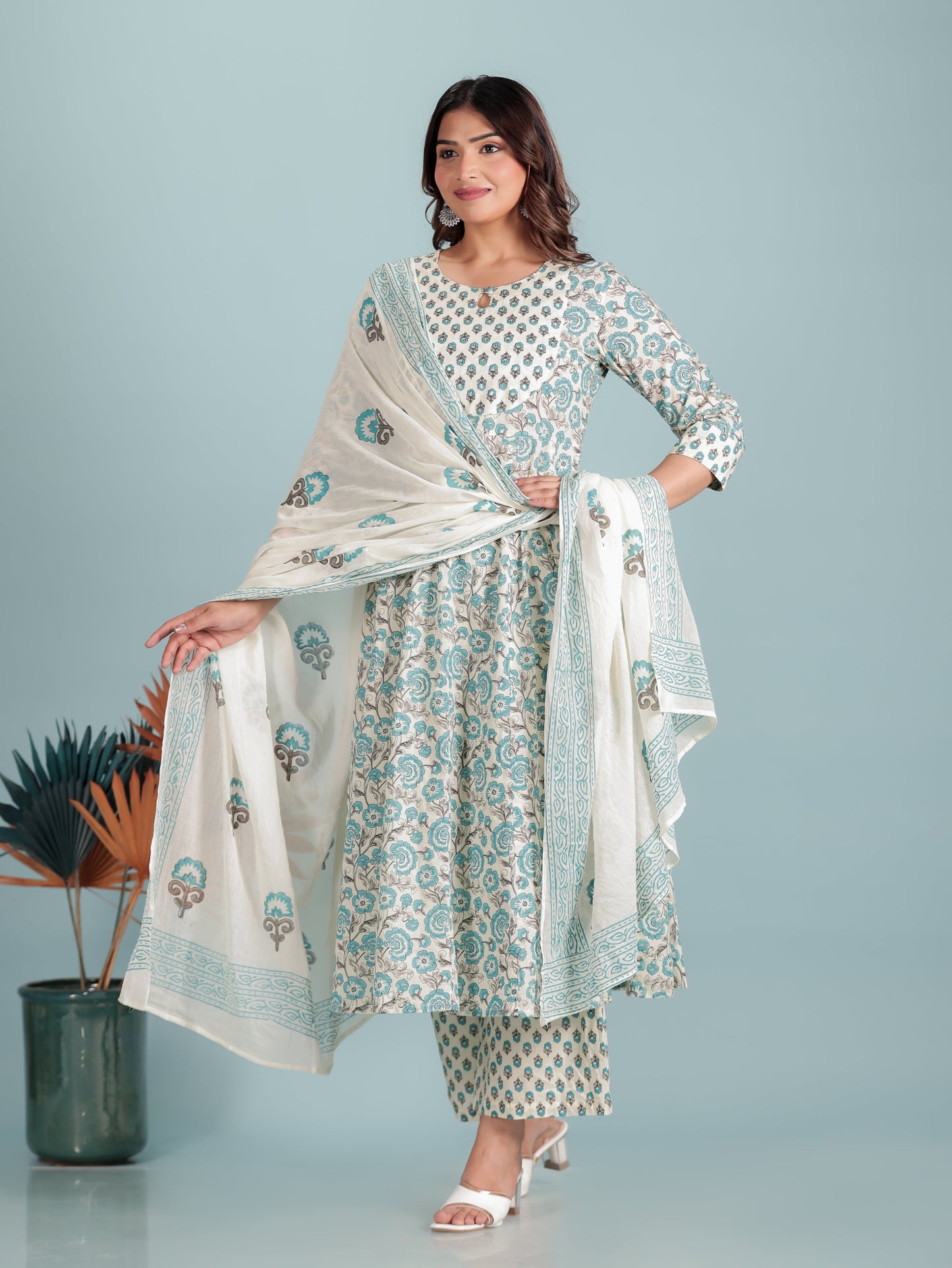 Soft Cotton Floral Anarkali Off-White Kurta