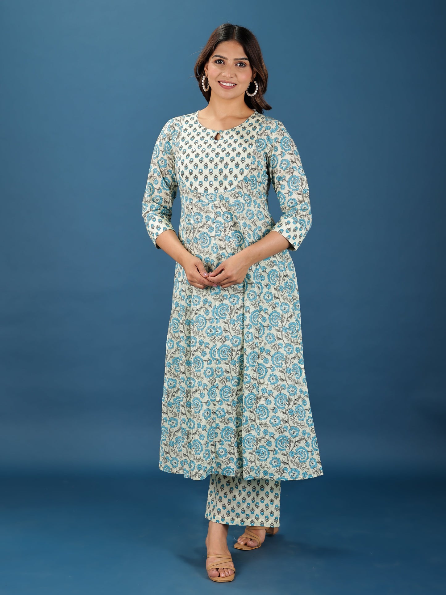 Soft Cotton Floral Anarkali Off-White Kurta