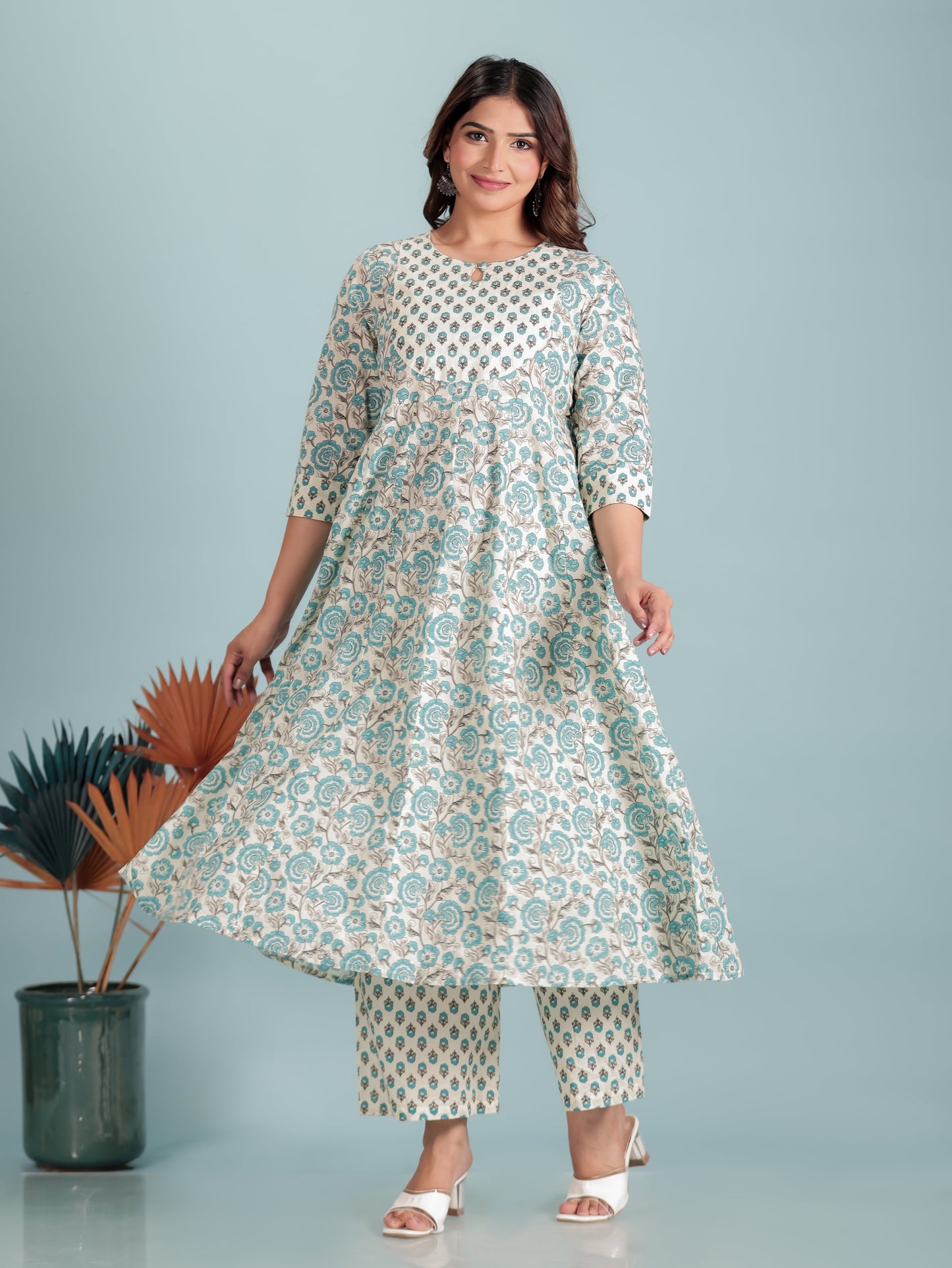 Soft Cotton Floral Anarkali Off-White Kurta