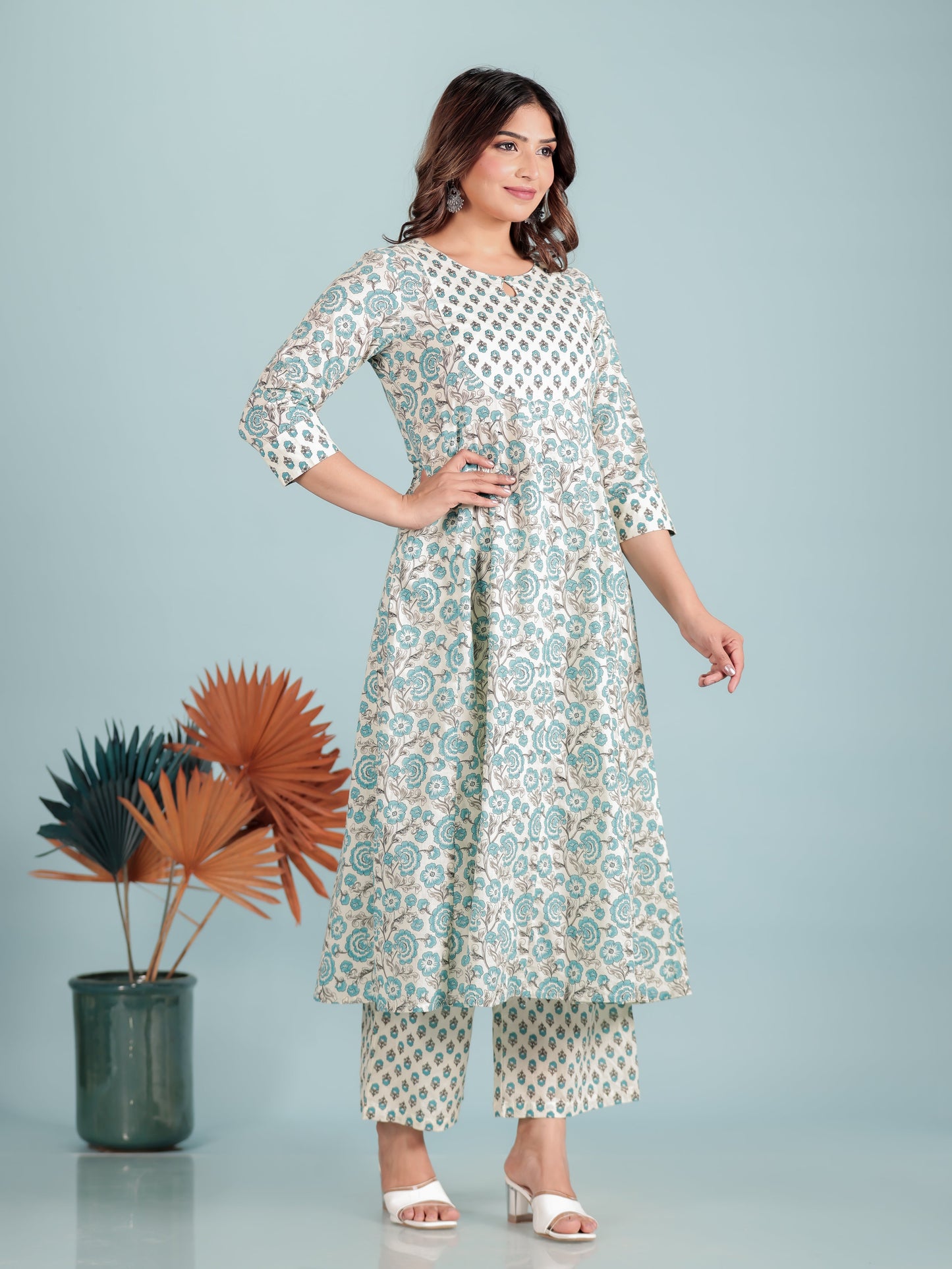 Soft Cotton Floral Anarkali Off-White Kurta