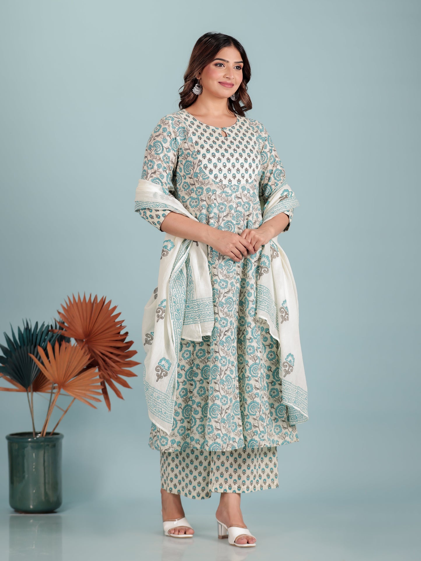 Soft Cotton Floral Anarkali Off-White Kurta
