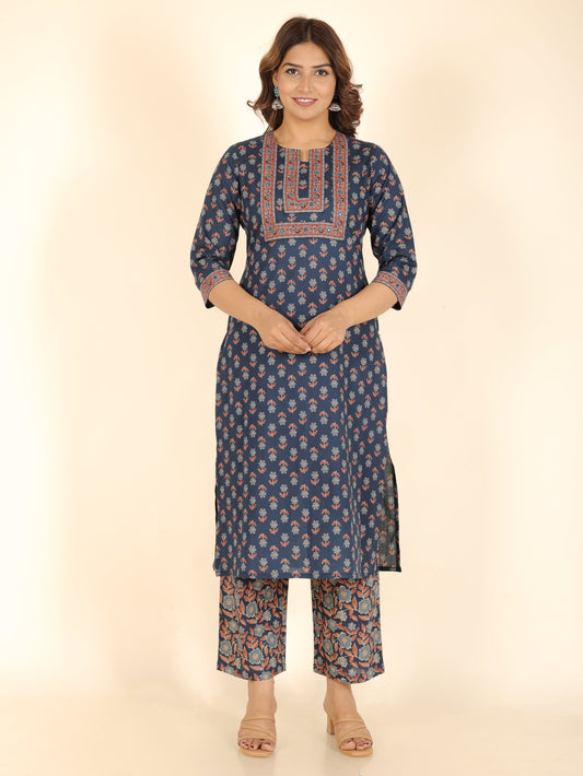 Soft Cotton Block Straight Blue Kurta