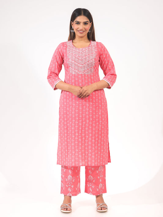 Soft Cotton Geometric Straight Pink Kurta