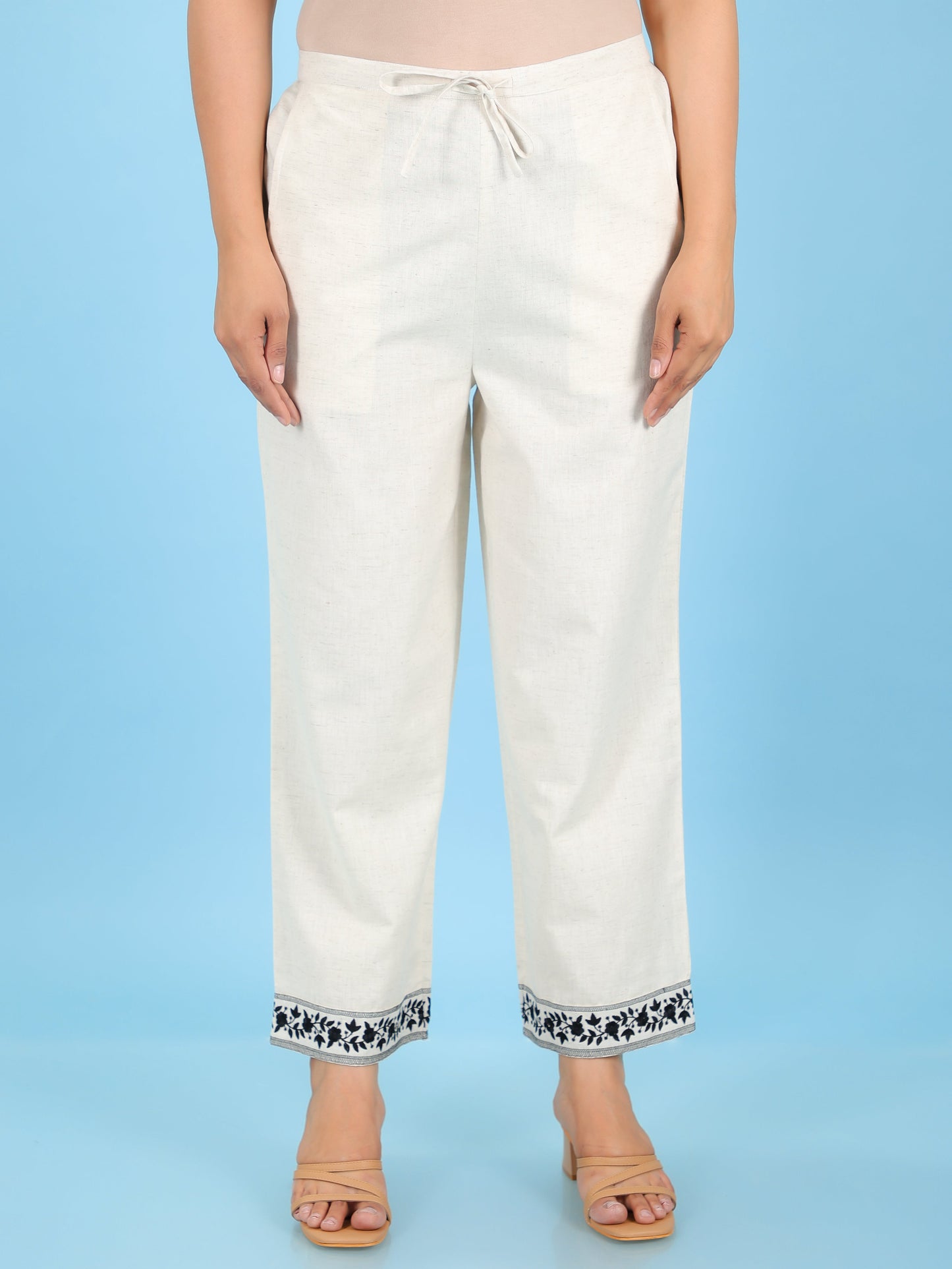 Embroidered Linen Cotton Solid Off White Straight Trousers
