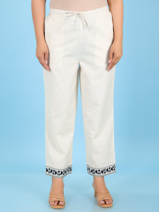 Embroidered Linen Cotton Solid Off White Straight Trousers