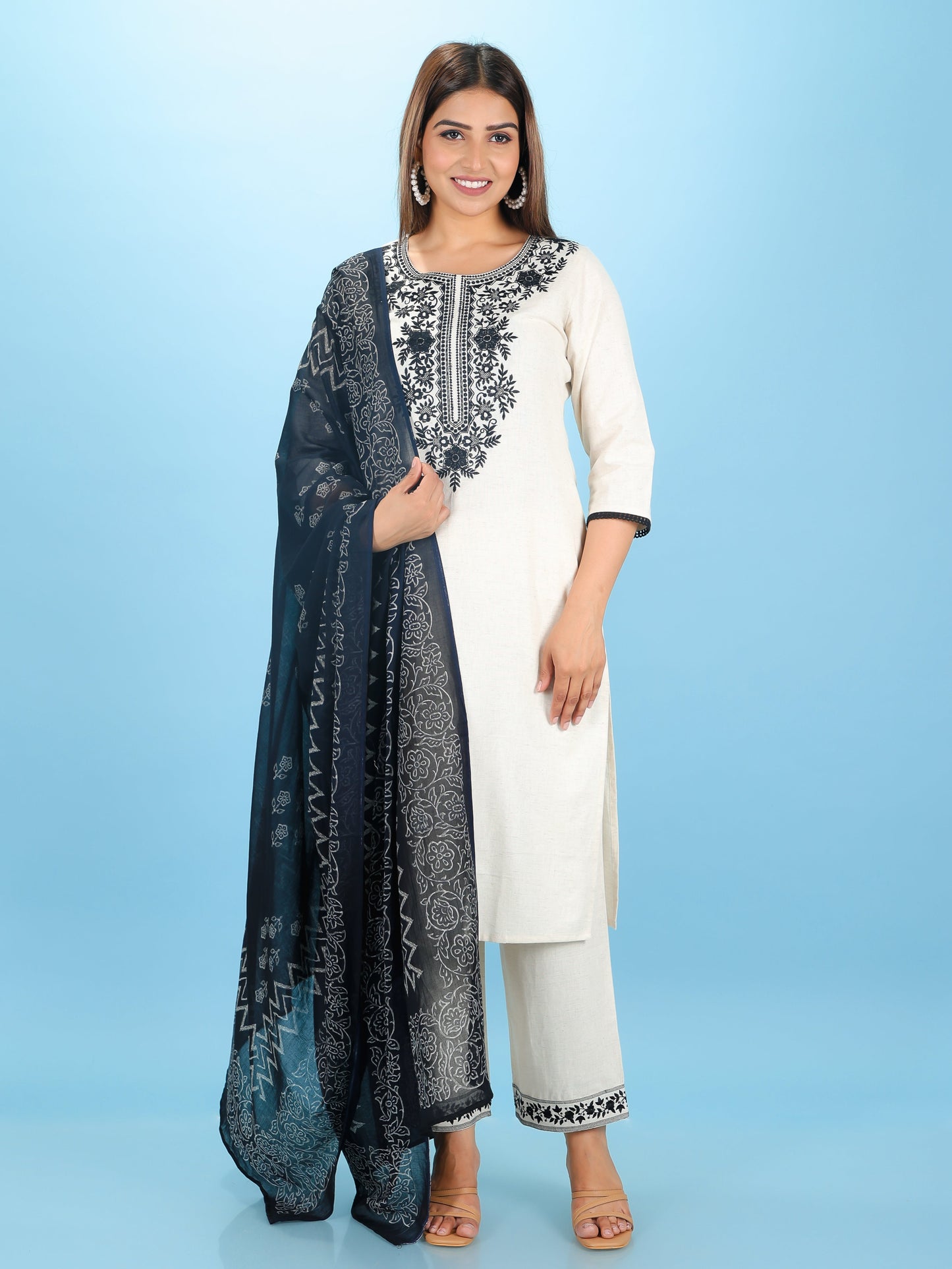 Cotton Voile Block Print Navy Blue Dupatta