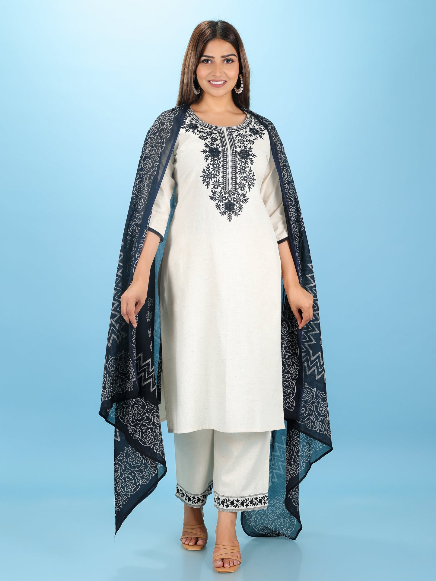 Cotton Voile Block Print Navy Blue Dupatta