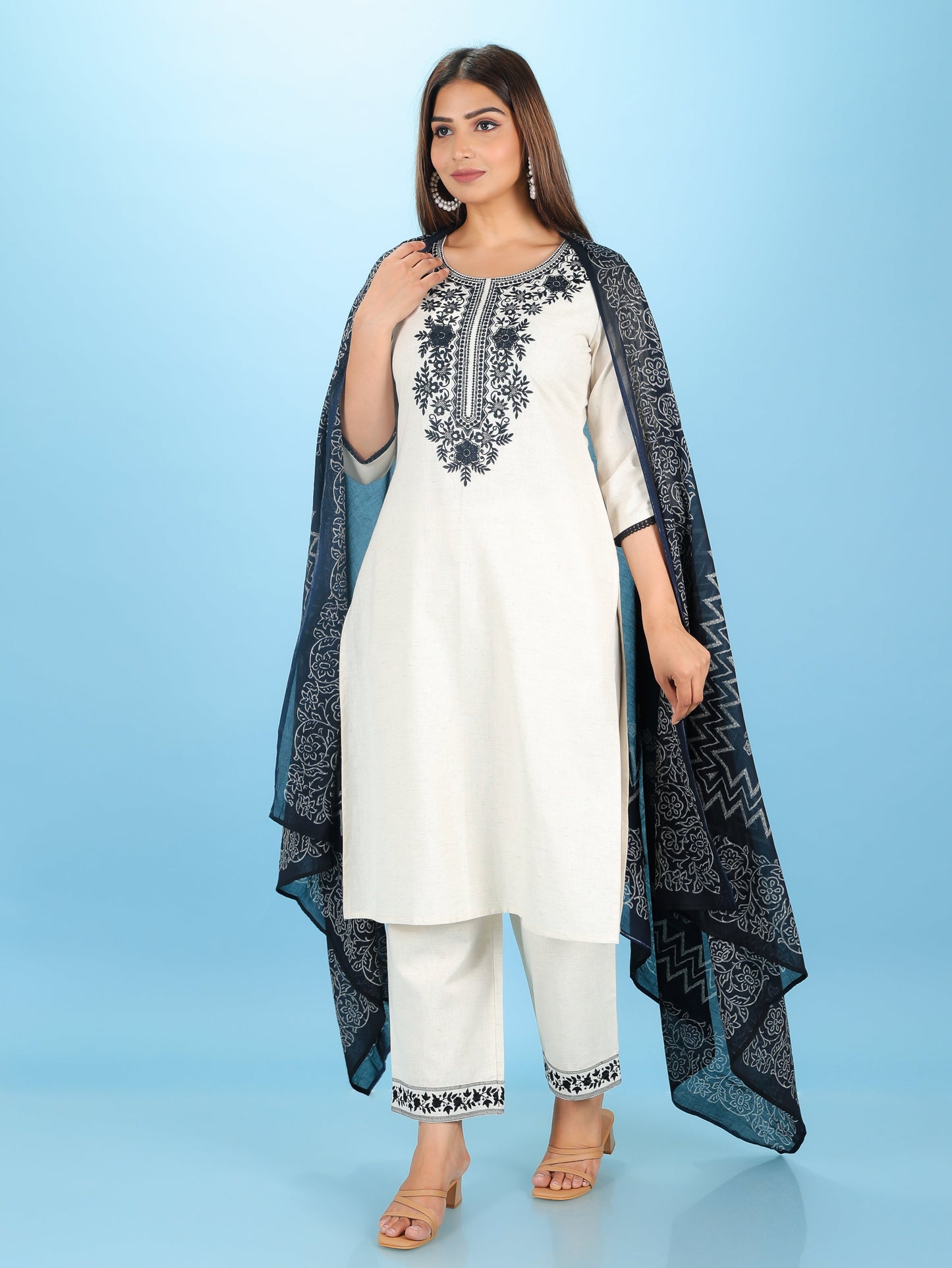 Linen Cotton Solid Straight Off-White Kurta