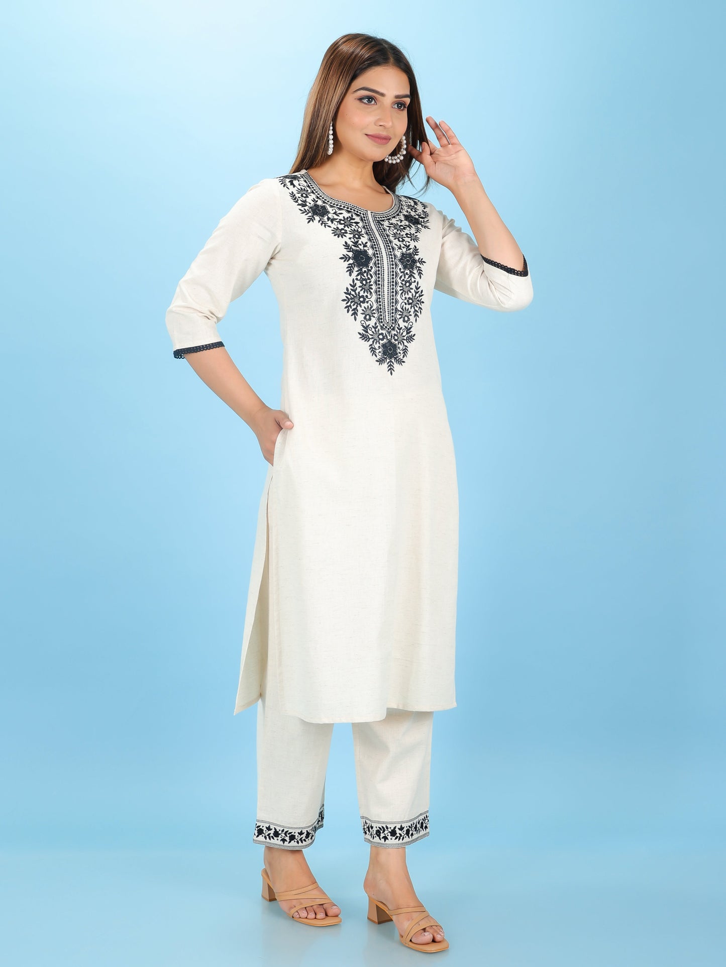Linen Cotton Solid Straight Off-White Kurta
