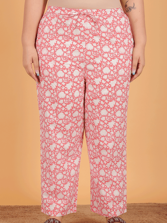 Soft Cotton Floral Pink Straight Trousers