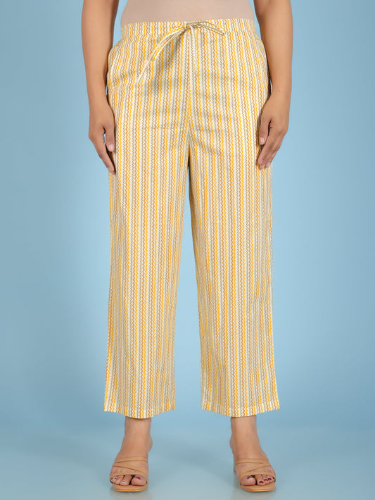 Soft Cotton Striped Off-White Straight Trousers
