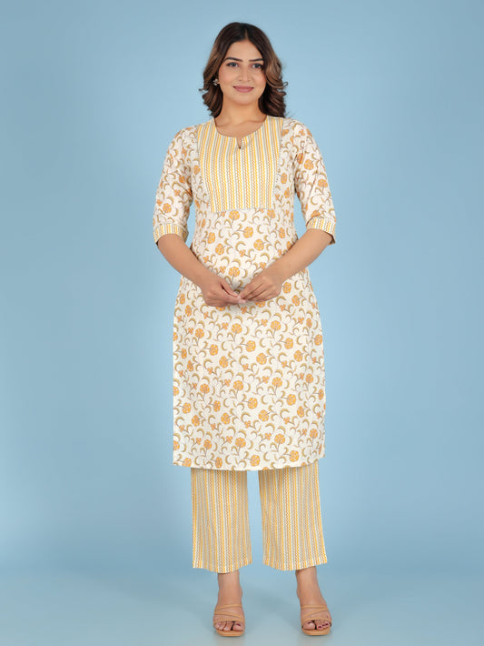 Soft Cotton Floral Straight Off-White Kurta