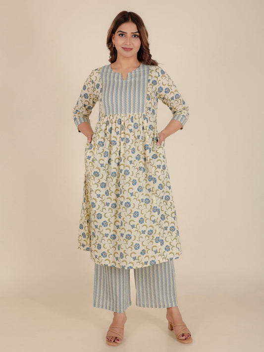 Soft Cotton Floral Panelled Off-White Kurta