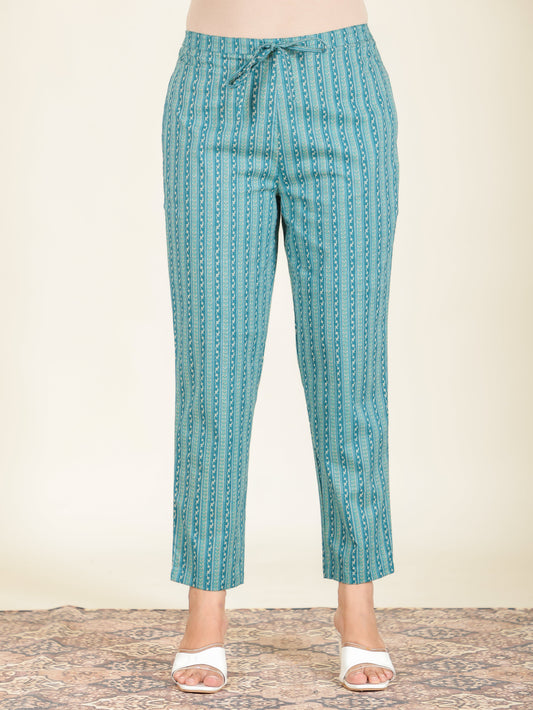 Soft Cotton Striped Teal Tapered Trousers