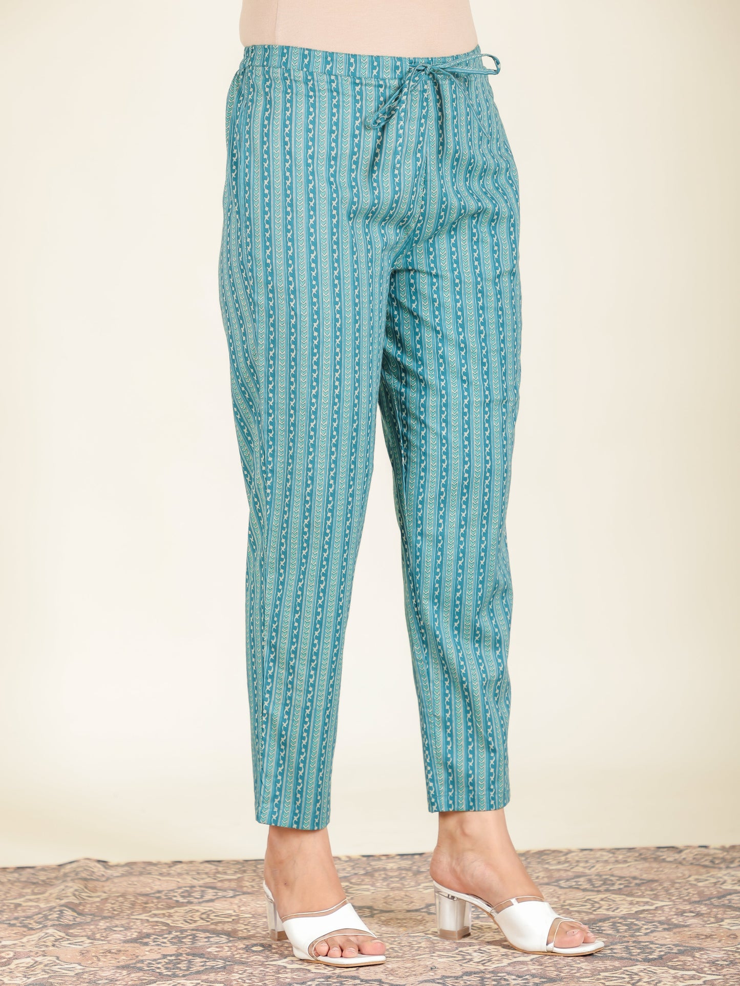 Soft Cotton Striped Teal Tapered Trousers