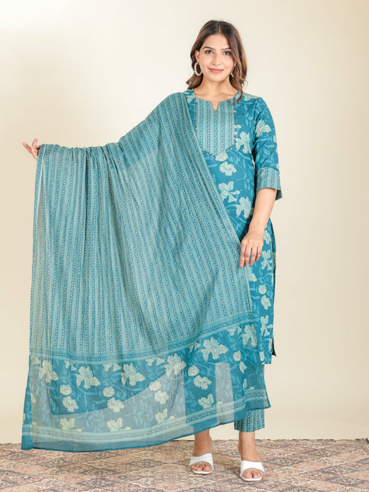 Cotton Voile Striped Teal Dupatta